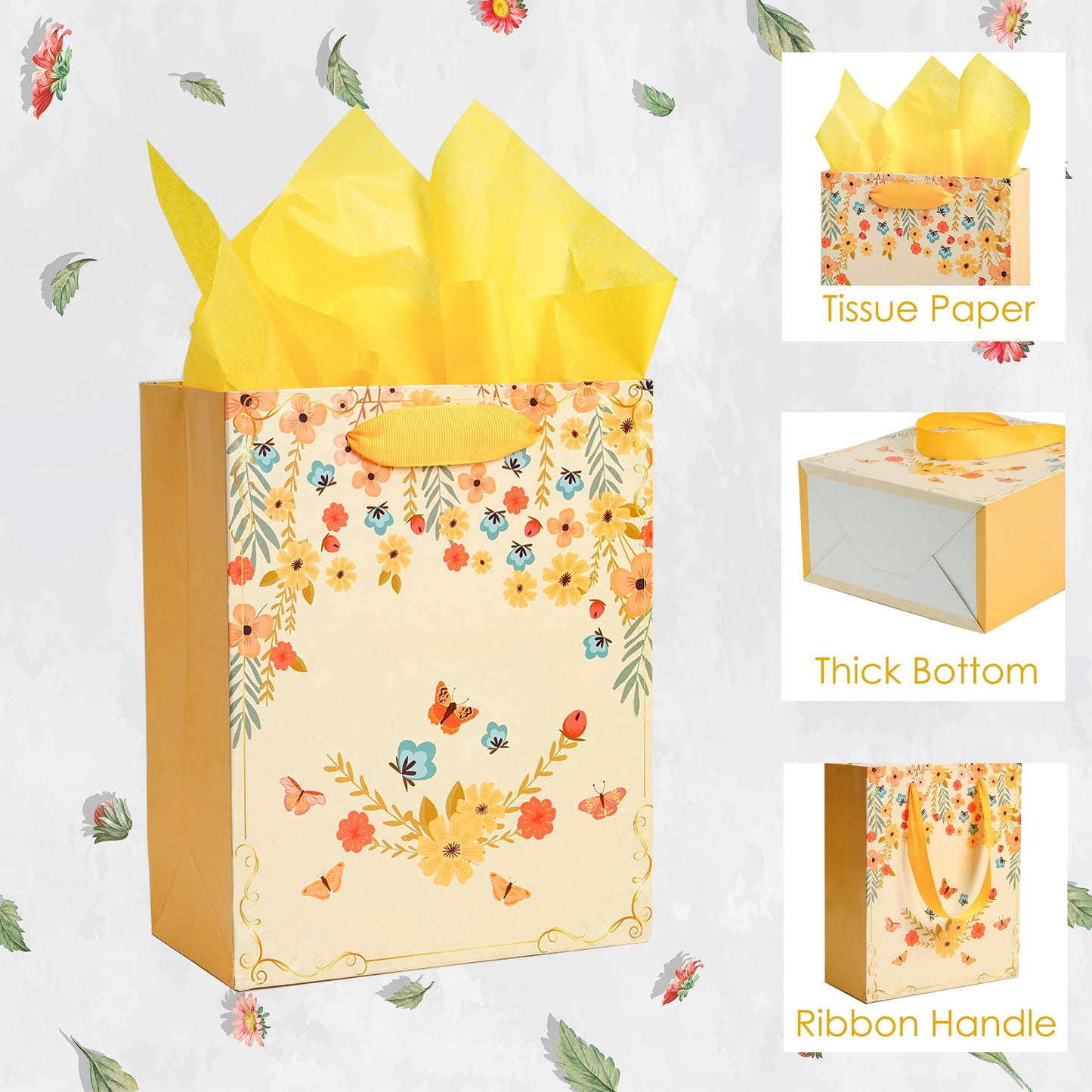 Nihuecne 8 Pack Floral Kraft Gift Bags Assorted Sizes with Tissue Paper