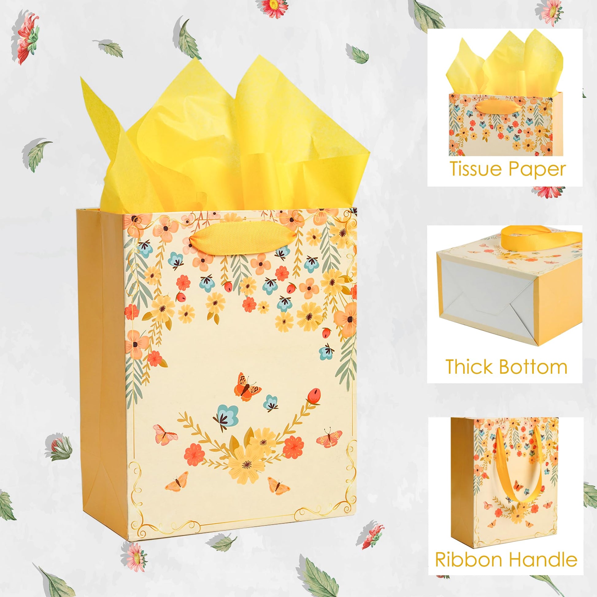 Nihuecne 8 Pack Floral Kraft Gift Bags Assorted Sizes with Tissue Paper