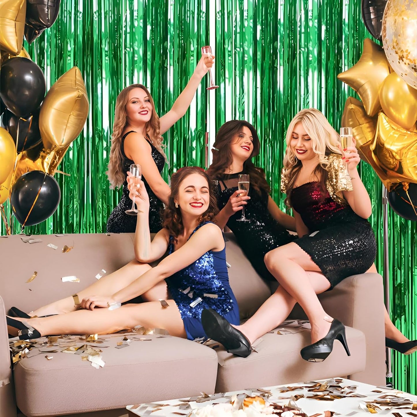 Keyali 2 Pack 3.3 * 8.3 ft Foil Curtain Metallic Tinsel Fringe Curtains Photo Booth Props Backdrop for Birthday Wedding Engagement Baby Shower Christmas Holiday Celebration Partyl,Green