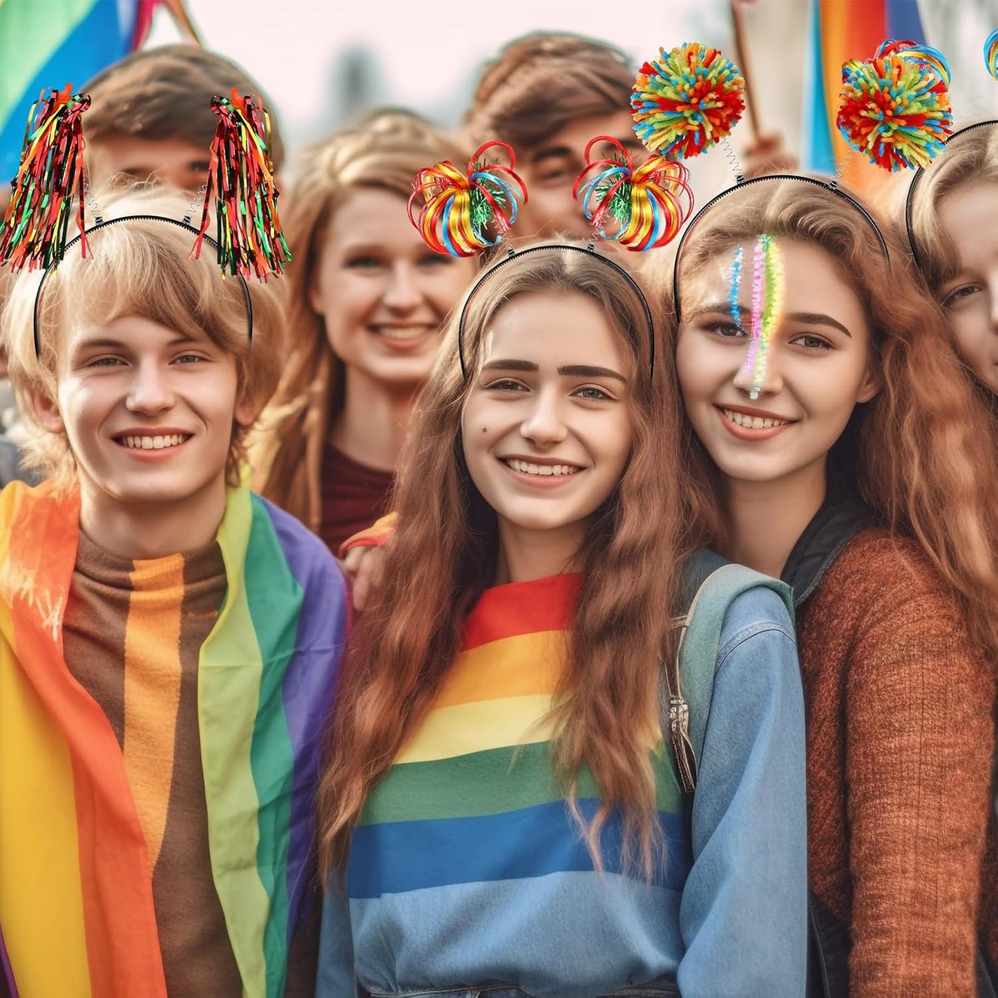 Censen 12 Pcs Halloween Pom Pom Party Headbands Tinsel Ponytails Spirit Head Bopper Headwear for Christmas Birthday Holiday