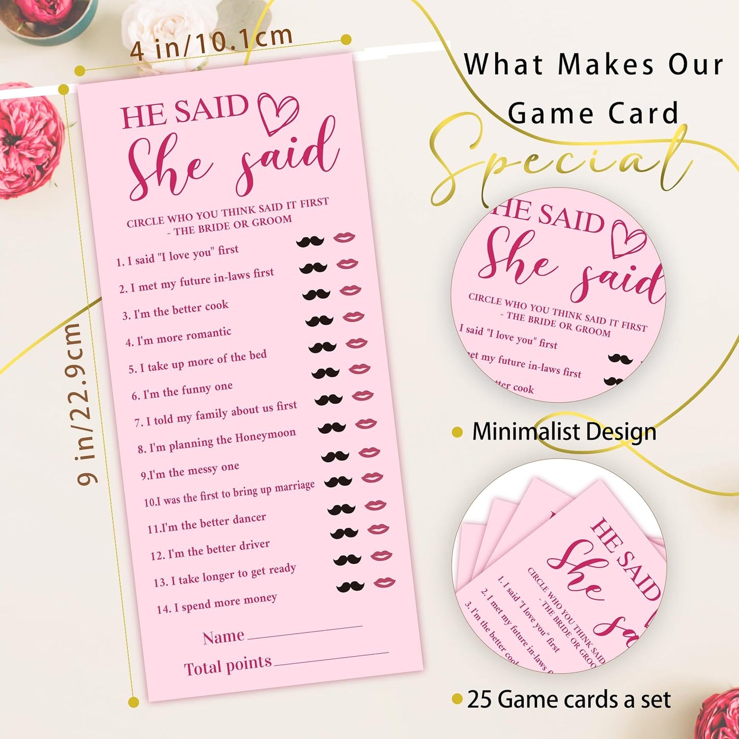4x9 Inch Bridal Shower Party Games, He Said She Said, Pink Wedding Shower Games Cards for 25 Guests, Engagement Party Supplies Activity and Decoration-A04