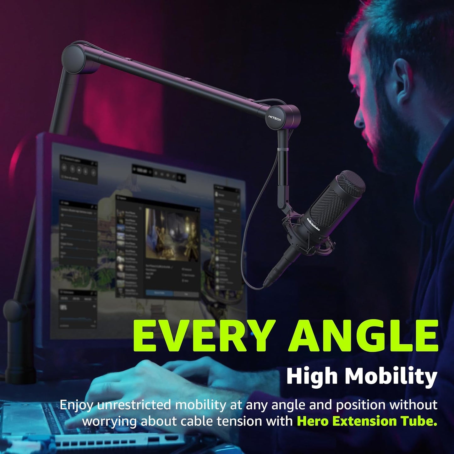 IXTECH Boom Arm Mic Stand with Extension Tube Upgraded Microphone Arm for Shure SM7B MV7 Blue Yeti Sturdy Stainless Steel Mic Arm Desk Stand Foldable Scissor Arm Microphone Mount for Podcast Gaming