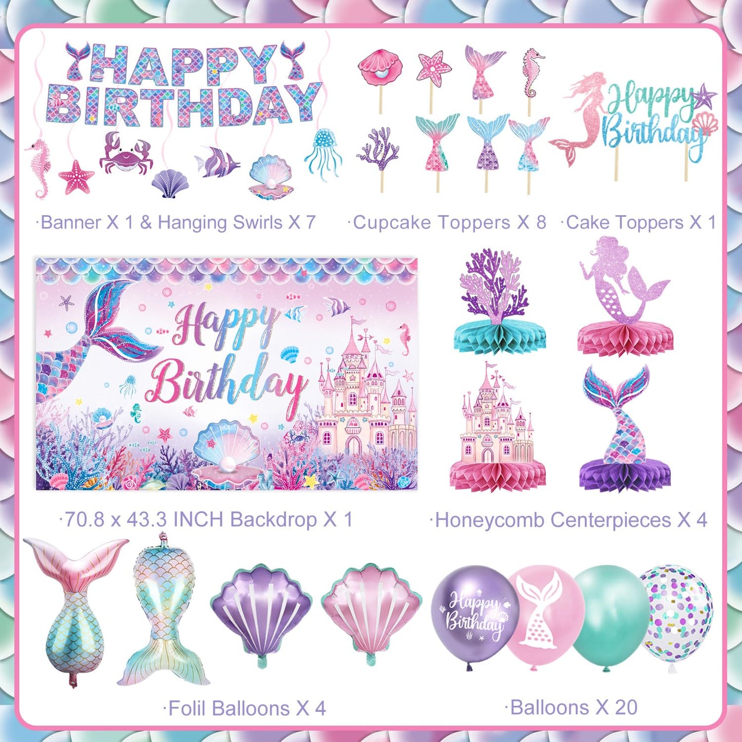 NKPDAXM Mermaid Birthday Decorations – Includes Banner, Backdrop, Foil & Latex Balloons, Hanging
