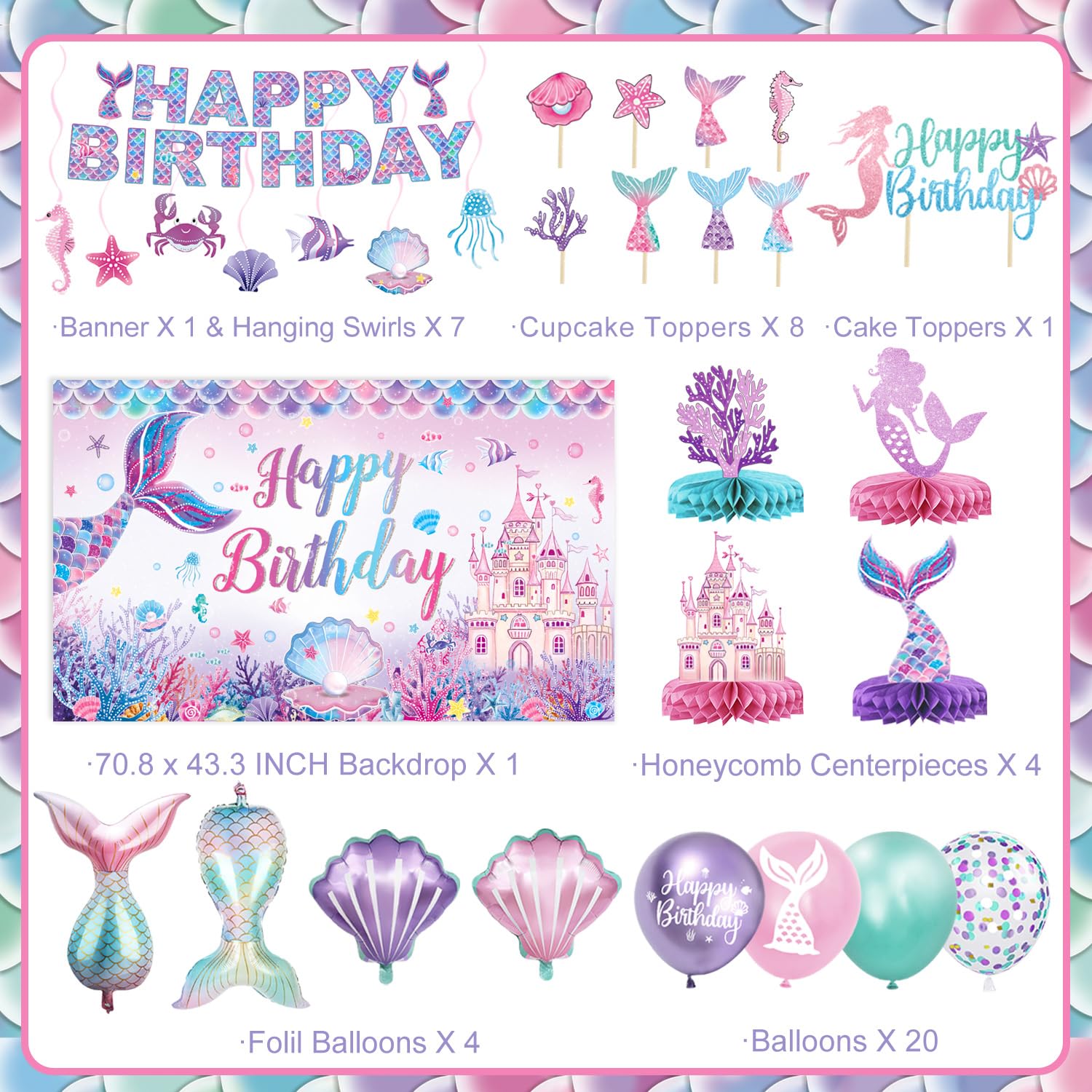 NKPDAXM Mermaid Birthday Decorations – Includes Banner, Backdrop, Foil & Latex Balloons, Hanging