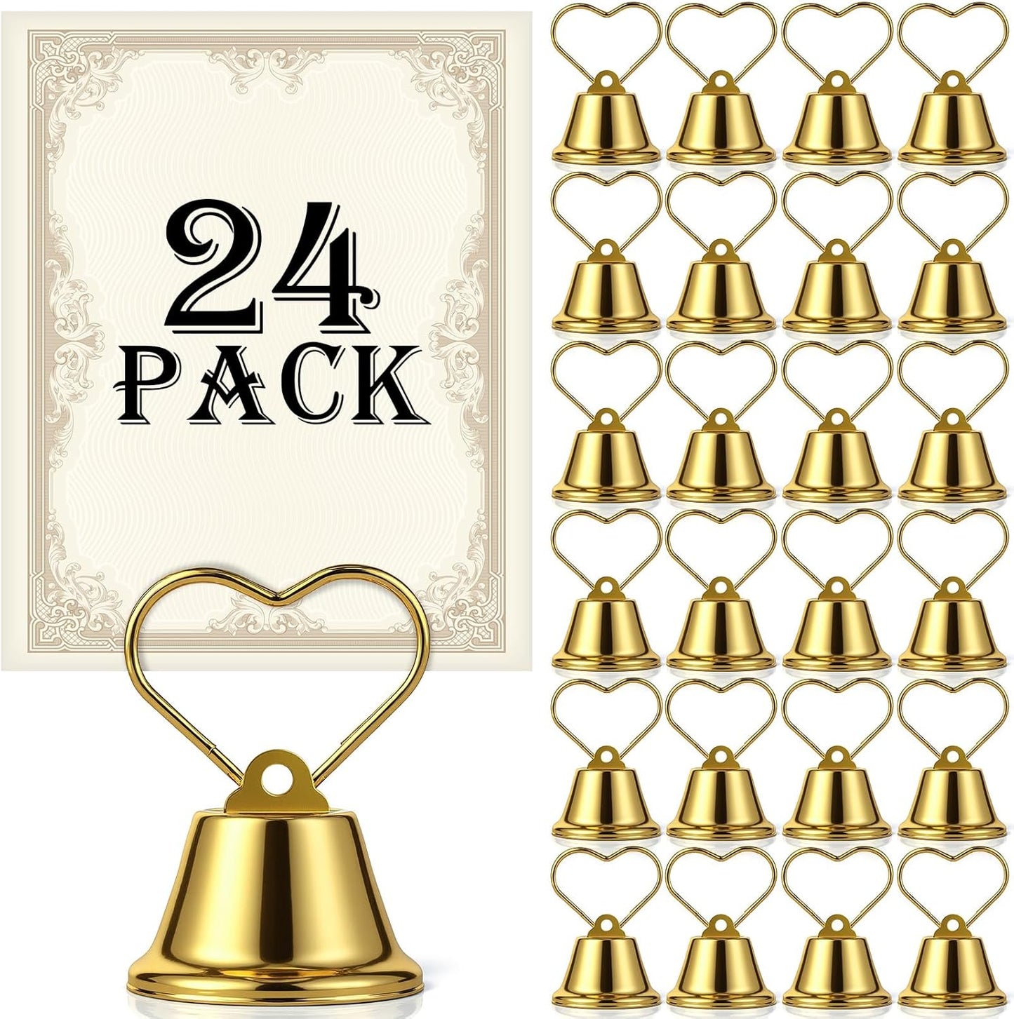 24 Pcs Table Number Holders Place Card Holders for Table 2 Inch Ring Clip Bell Number Holder Metal Picture Holder for Wedding Christmas Restaurant Home Photo Office Memo(Gold,Heart)