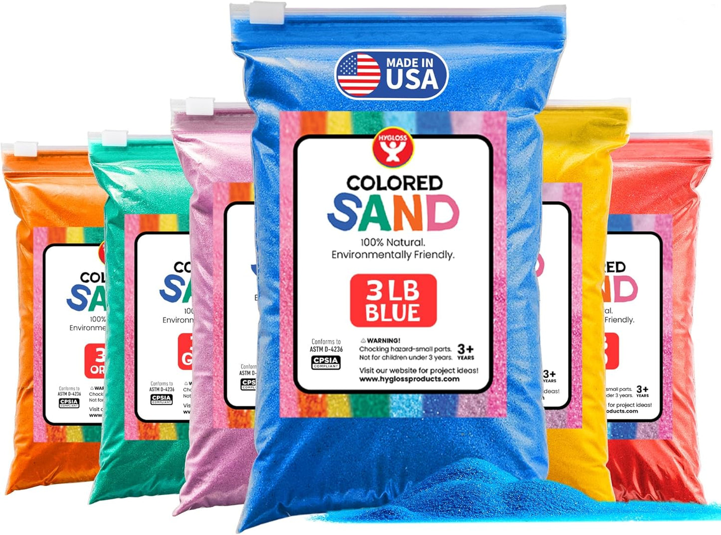 Hygloss Colored Sand for Craft – 6 Assorted Colors Bags – 3 lb– Vibrant Colorful Fine Sensory Play Sand Art Kits for Kids – Classroom Activities for Children 3 4 5 6 7 8 9 10 11 12 – Safe for Ages 3+
