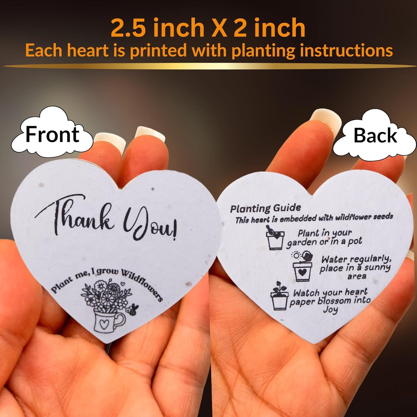 50 Plantable Seed Paper Hearts - Thank You Cards 2.5in x 2in | Handmade Seed Paper Embedded with Wildflower Seeds | Party Favors | Wedding Favor | Small Business Thank You Cards
