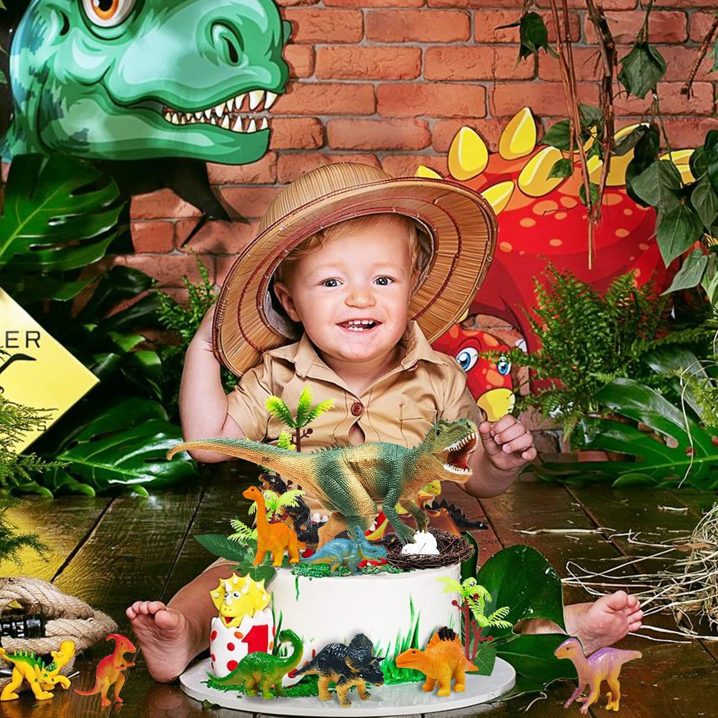 GLAHORSE 26 PCS Dinosaur Cake Toppers With Dinosaur Eggs Leaves Trees Cake Decorations For Birthday