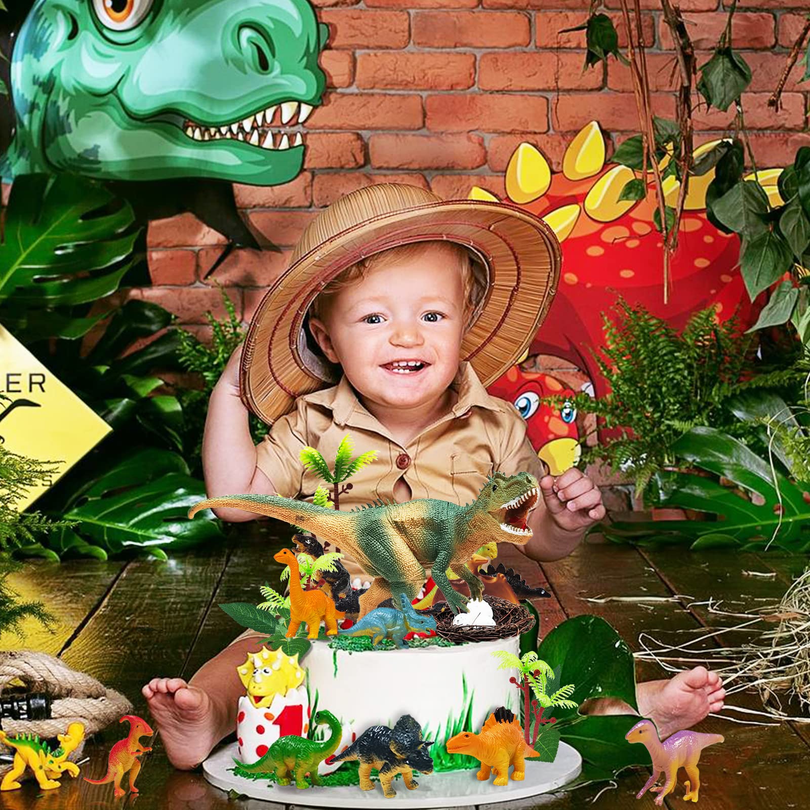 GLAHORSE 26 PCS Dinosaur Cake Toppers With Dinosaur Eggs Leaves Trees Cake Decorations For Birthday