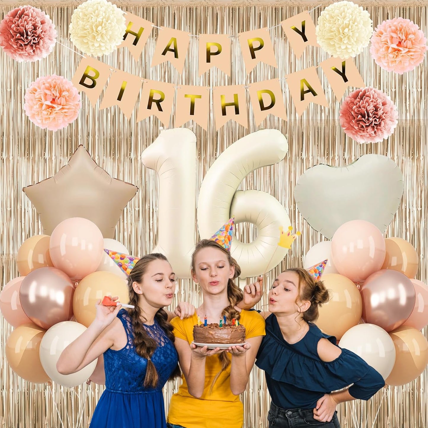 Beige 16th Birthday Decorations Girls Boys Cream Number 16 Balloon Nude Gold Happy Birthday Banner Fringe Curtain Paper Pom Poms Blush White Sand Champagne Star Foil Balloons Neutral Boho Party Decor