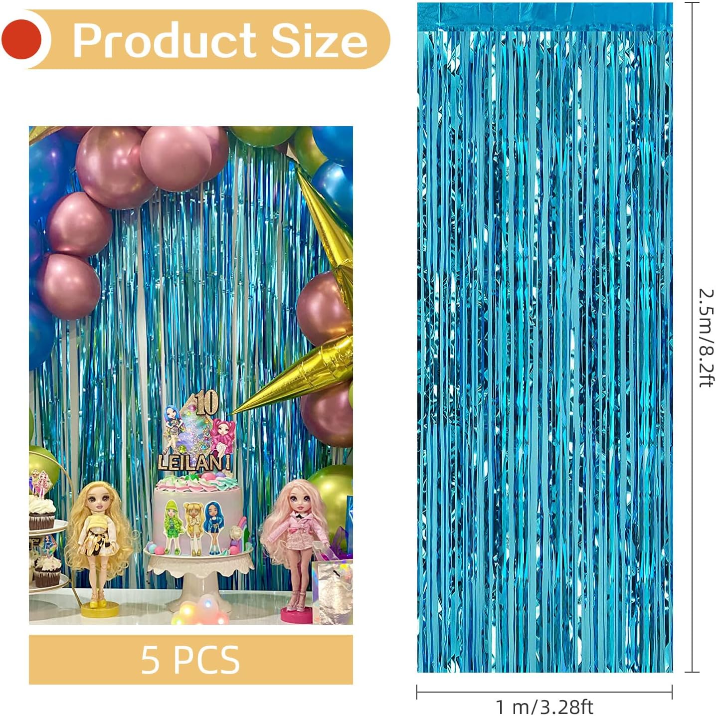 5 Pack Blue Fringe Backdrop 3.2ft x 8.2ft Teal Blue Foil Fringe Curtains Party Tinsel Curtain Backdrop Streamers for Birthday Party Decoration Wedding Christmas Decoration (Teal Blue)