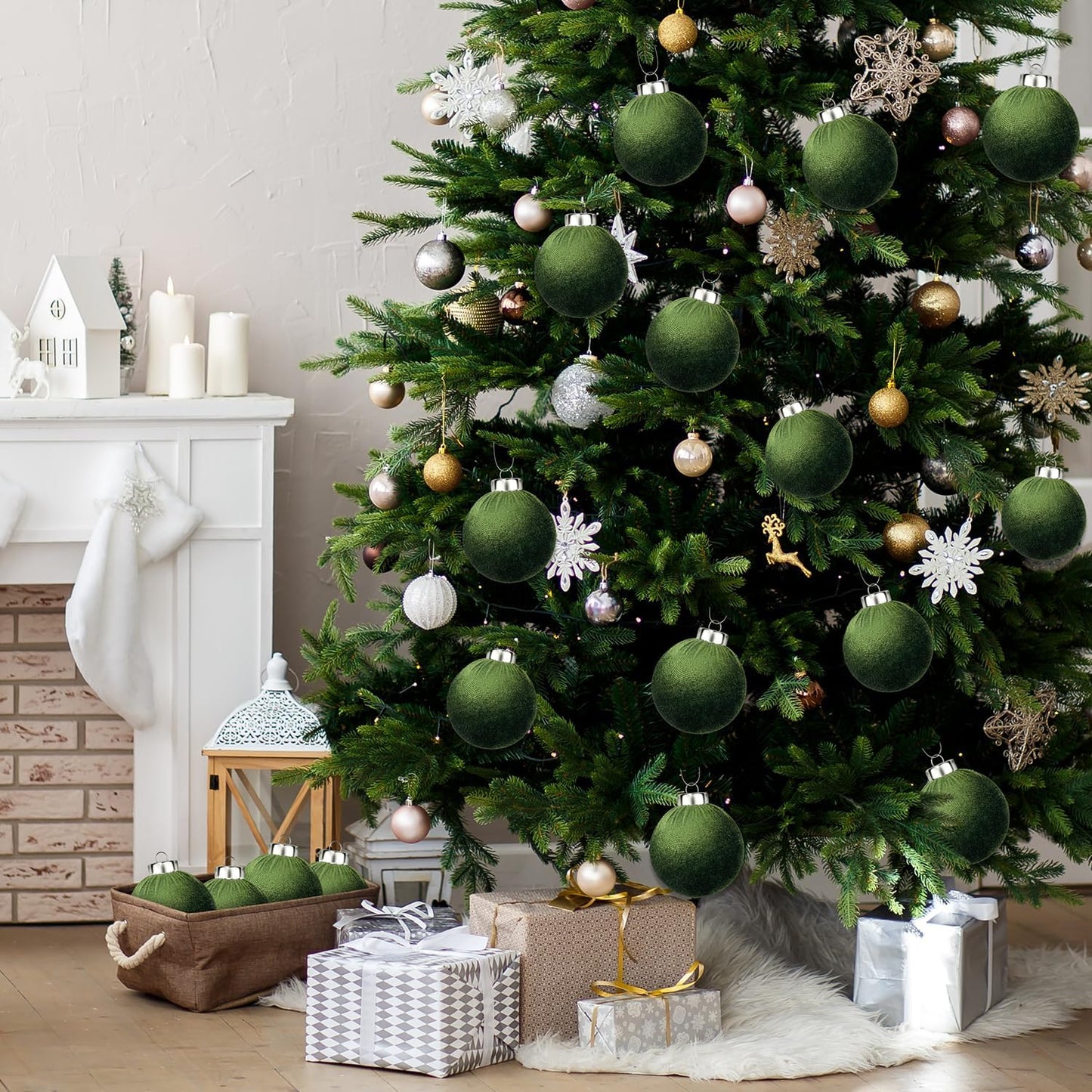 Green Velvet Ornaments for Christmas Tree 15 PCS, Big Neutral Flocked Christmas Bulbs Ornaments Set, Matte Suede Xmas Hanging Baubles Decorations (Sage Green, 3.15 Inch)