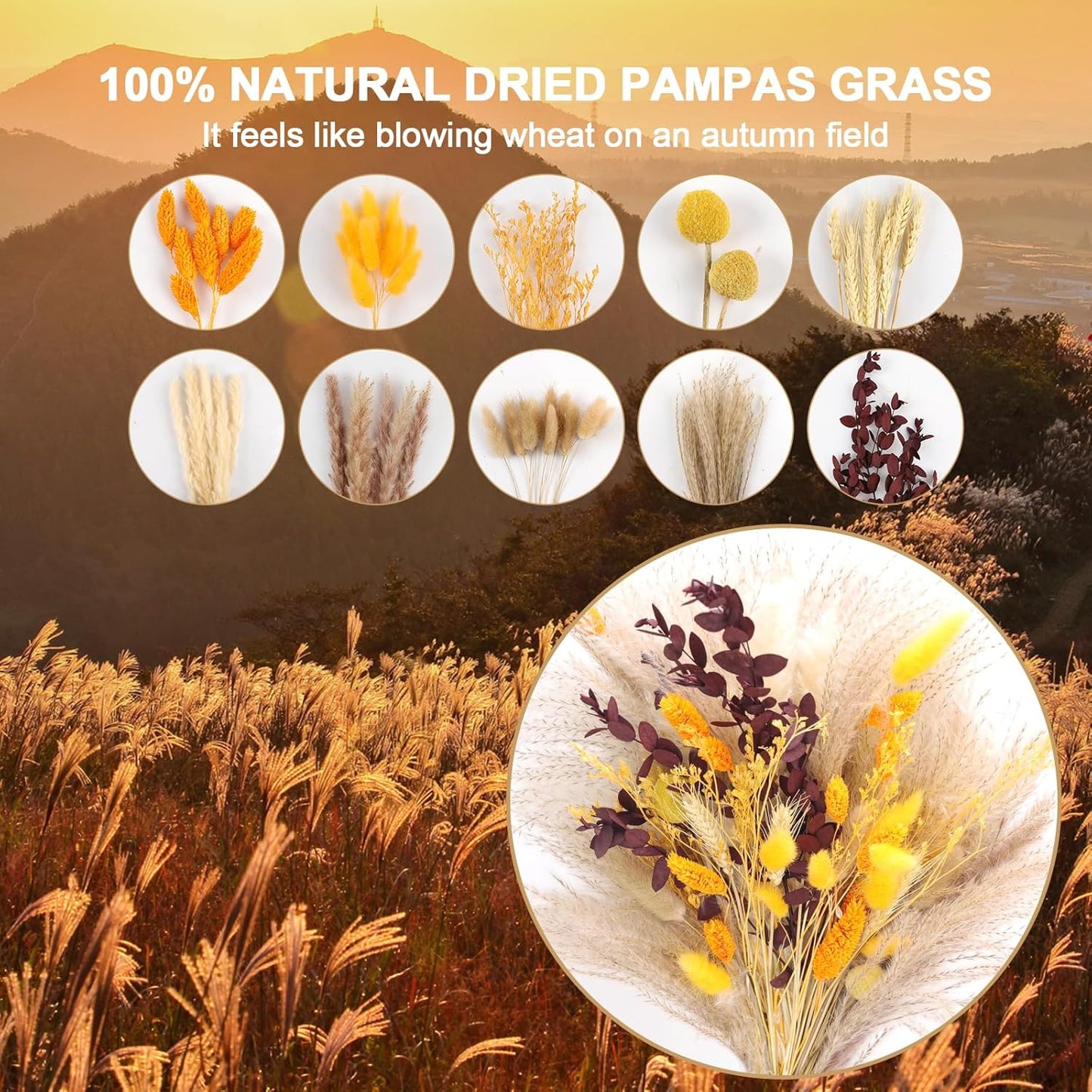 Fall Home Decor 104Pcs Orange Pampas Grass Autumn Dried Flowers Decorations Fluffy Gold Bouquet Fall Wedding Table Centerpieces Rustic Farmhouse Floral Fall Flowers Boho Indoor Outdoor Decor, 17Inch