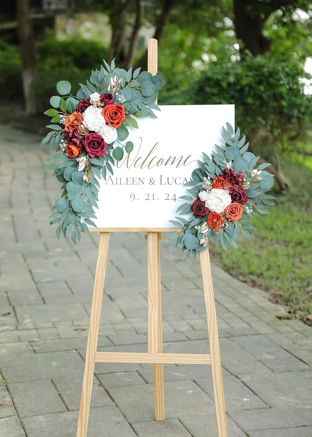 Artificial Burnt Orange Wedding Arch Flowers Swags (Set of 2) for Welcome Signs Floral and Wedding Church Decoration Ceremony, Anniversary, etc, Burgundy Roses Flowers