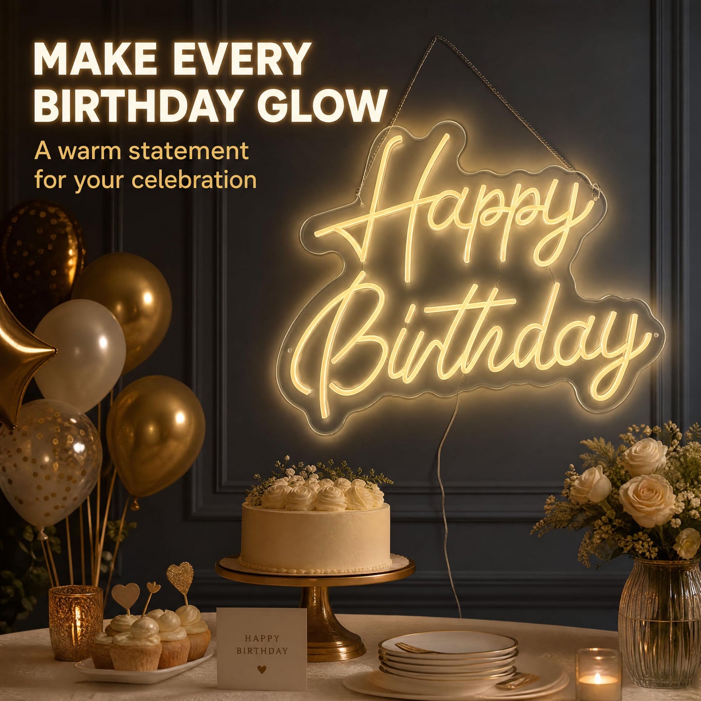 SCHMTSUNTOO Happy Birthday Neon Sign, 22x16.9in LED Dimmable Warm White