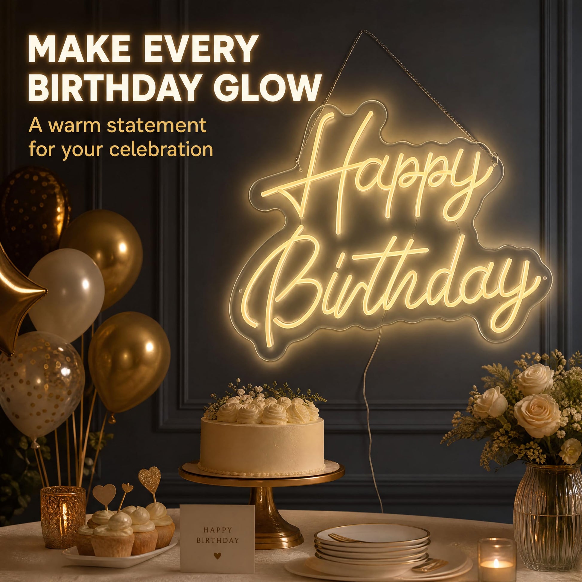 SCHMTSUNTOO Happy Birthday Neon Sign, 22x16.9in LED Dimmable Warm White
