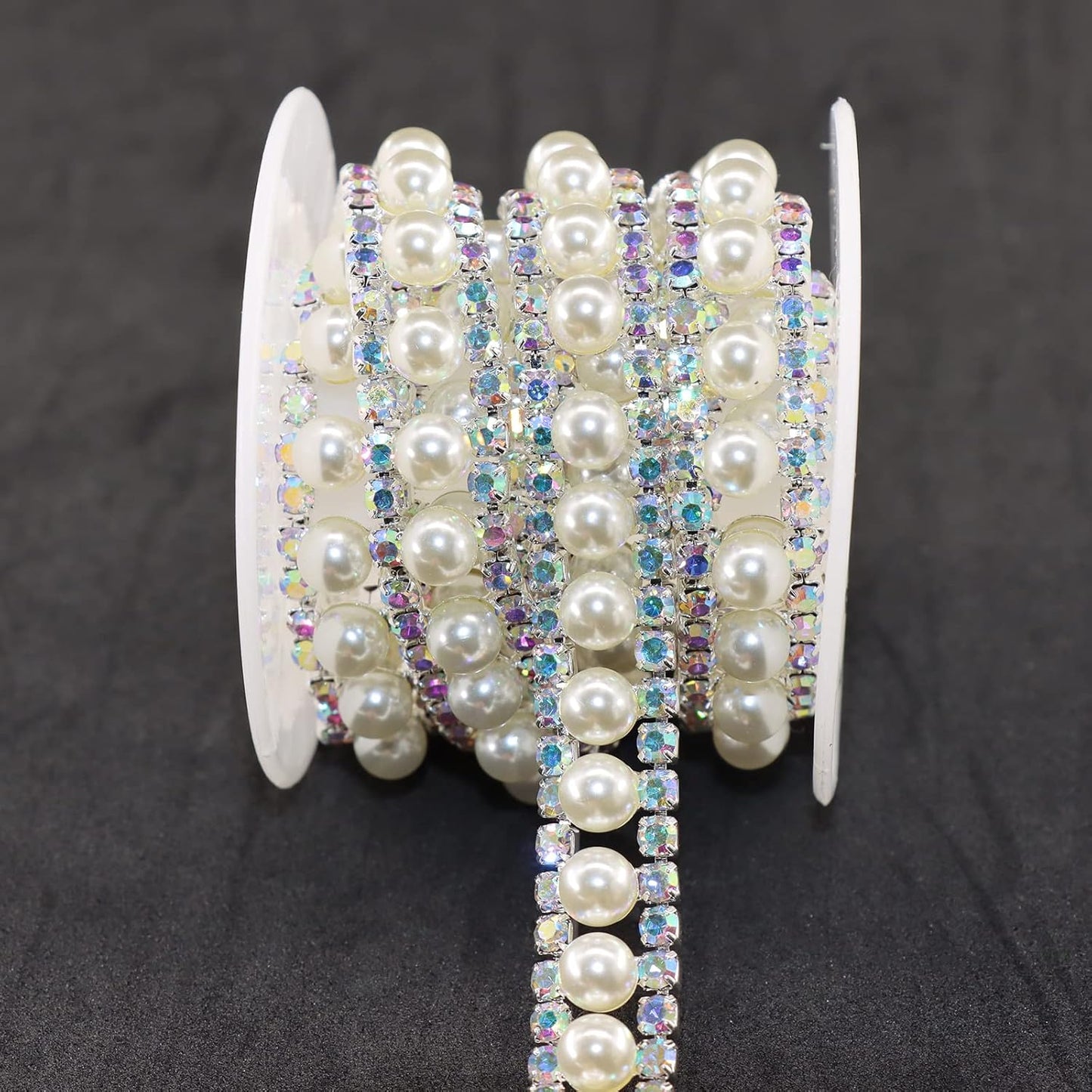 Jerler Rhinestone Trim Applique 1 Yard 2 Rows Crystal Chain Banding Diamond Inlaid White Pearl Beaded Rhinestones for Crafts Clothing and Bridal Embellishments Wedding Ideas Christmas Decorations