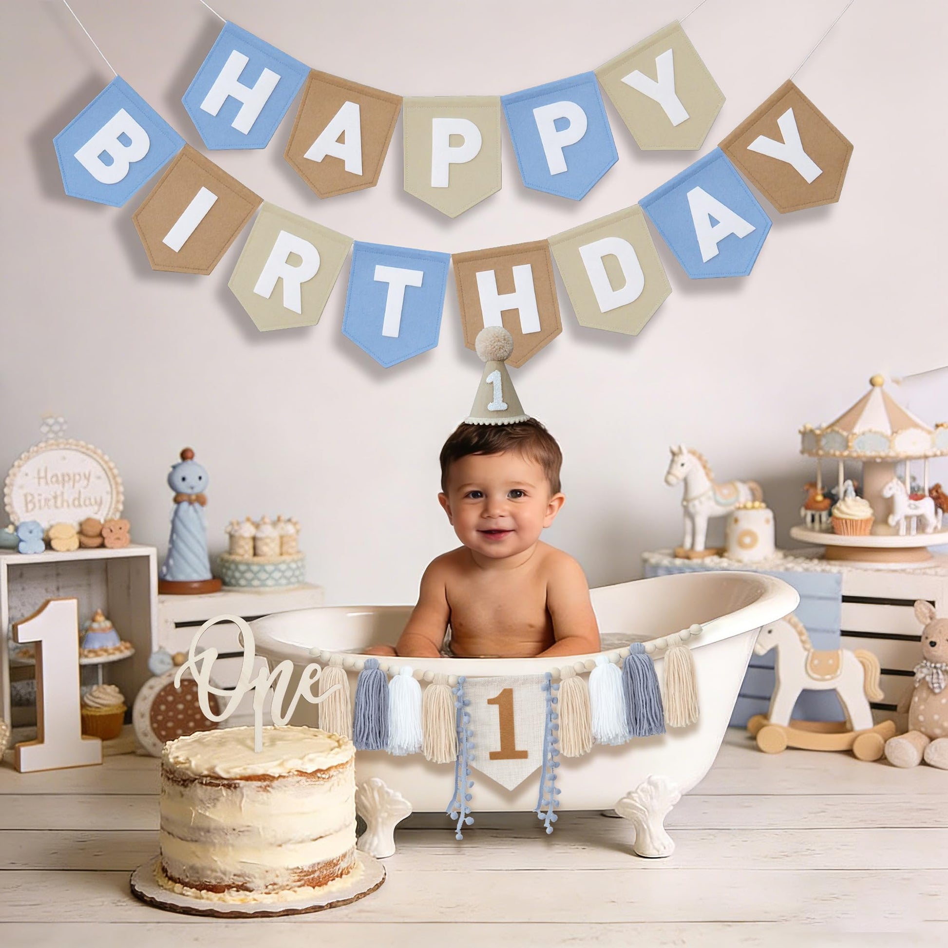 DCJHFJ First Birthday Decorations for Boy Felt Khaki Blue Happy Birthday High Chair Banner