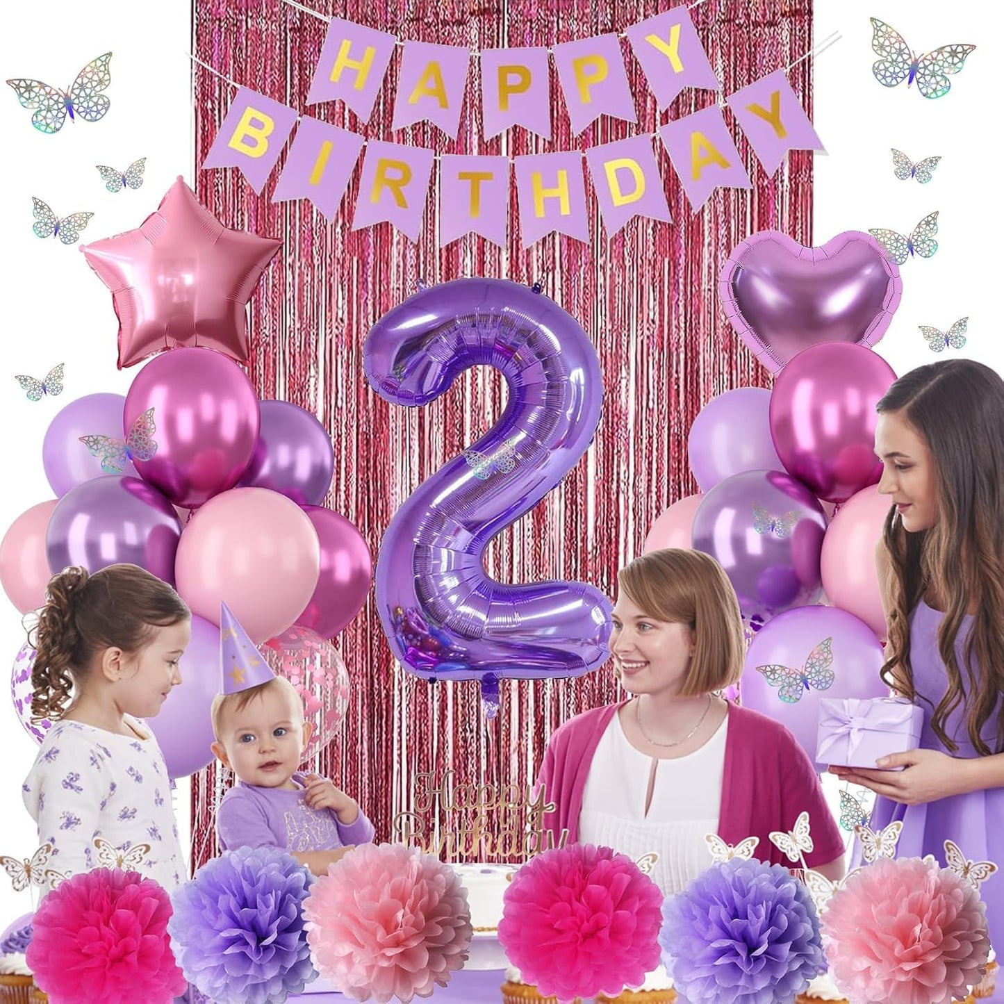 Pink Purple 2nd Birthday Party Decorations for Girls Number 2 Balloon Happy Birthday Banner Butterfly Stickers Fringe Curtain Paper Pom Poms Metallic Hot Pink Star Foil Balloons Baby 2 Year Old Decor