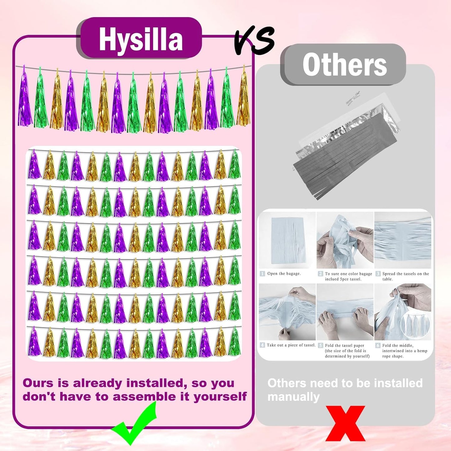 6P Purple Green Gold Foil Fringe Metallic Tassel Streamers Banner Tassel Garland for Parade Floats, Bachelorette, Wedding, Birthday, Graduation, Christmas, Bridal/Baby Shower Party Decorations