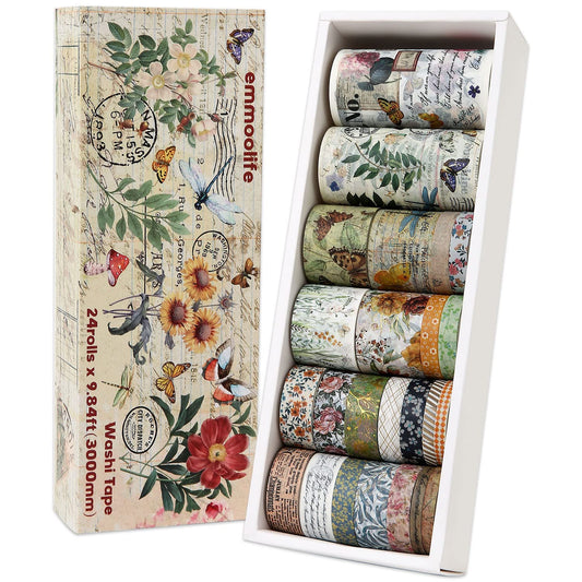 24 Rolls Vintage Washi Tape Set, Floral Letter Butterfly Mushroom Botanical Flower Writable Decorative Tapes for Scrapbooking , Junk Journal supplies, Bullet Journaling 5-75mm Wide 9.84ft long/Roll