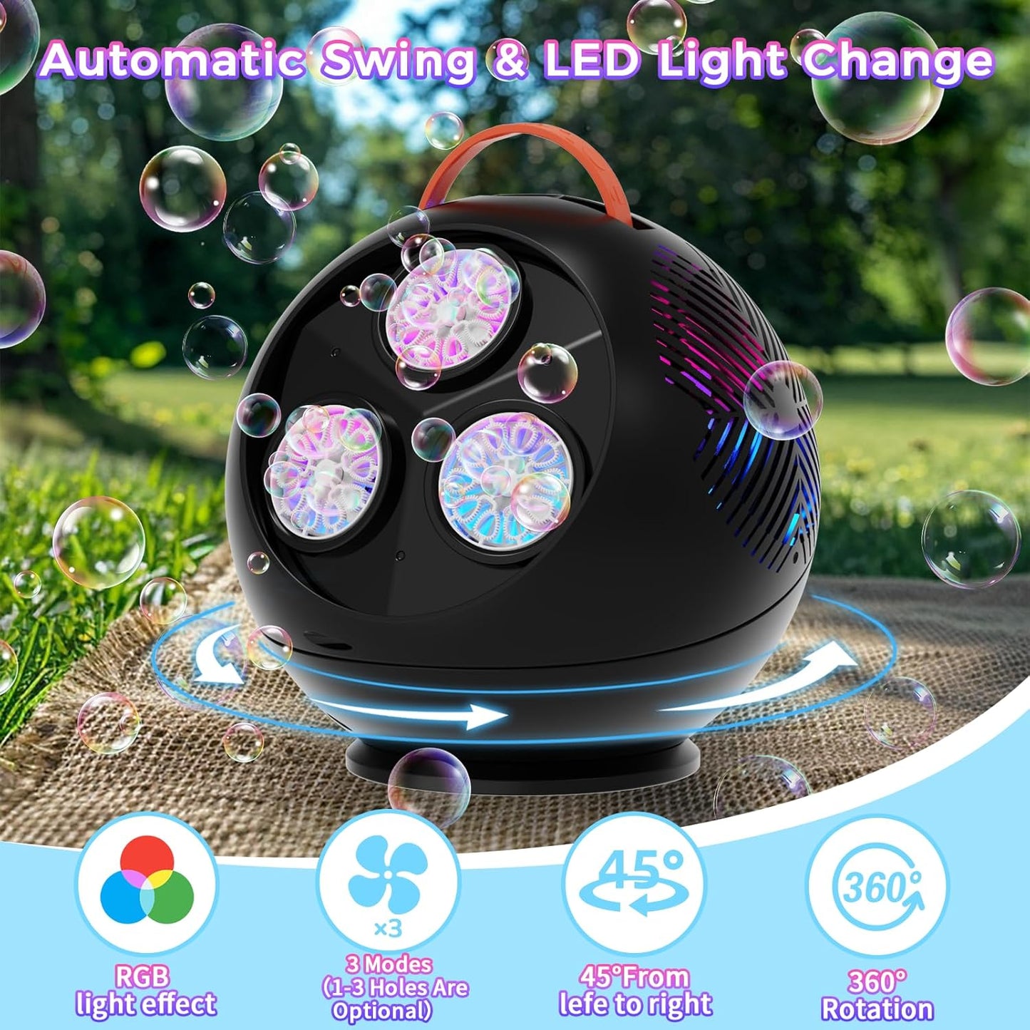 Bubble Machine Automatic Bubble Blower for Kids Toddlers Rechargeable Portable Spherical LED Bubble Maker Electric Auto Rotating 45°/360° Outdoor Toy Birthday Party Wedding (Spherical Black)
