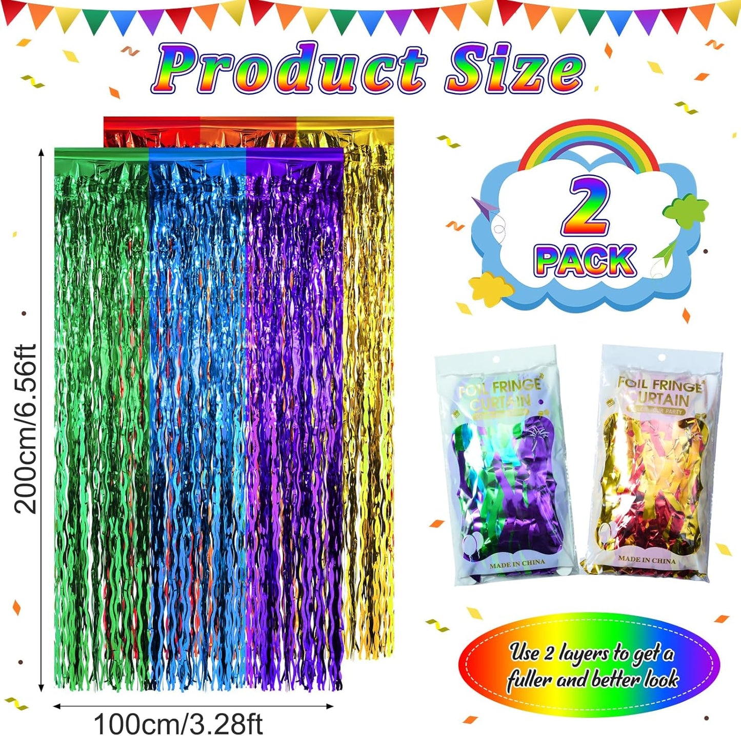 2 Pack 3.3X6.6Ft Rainbow Wavy Foil Fringe Curtains Backdrop Decorations, Rainbow Metallic Tinsel Foil Streamers Photo Booth Background for Birthday Wedding Engagement Bridal Shower Party Decorations