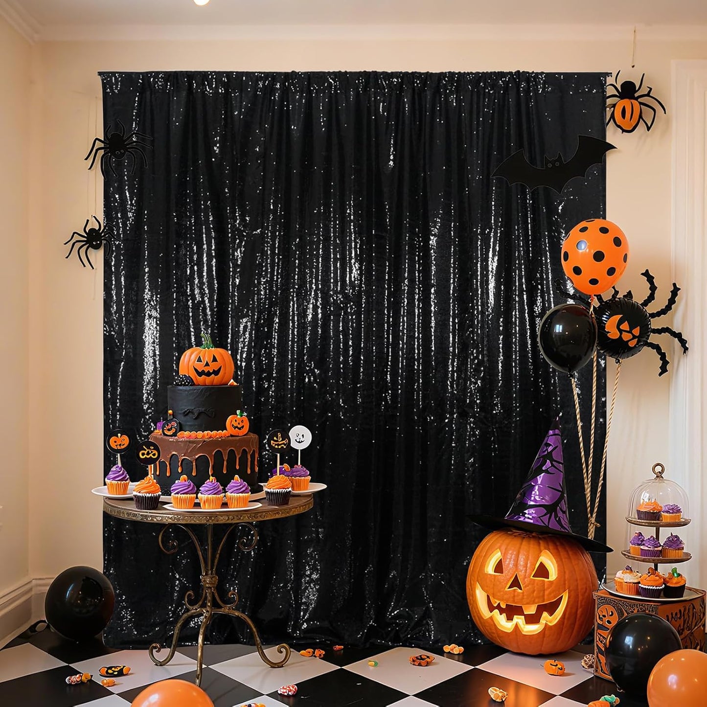 Poise3EHome 8Ft x 8Ft Black Sequin Backdrop, Glitter Thick Satin Background Drapes, Sparkly Opaque Photography Curtain, Sequence Xmas Thanksgiving Backdrop for Wedding Party Holiday Festival Decor