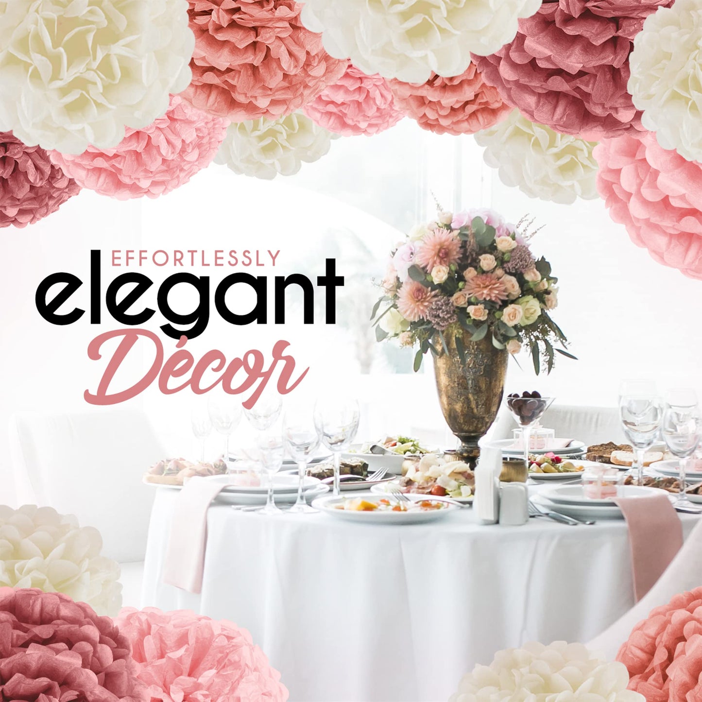 EpiqueOne 20 Piece Tissue Paper Pom Poms | Blush Pink, Dusty Rose, Mauve & Cream | Colorful Paper