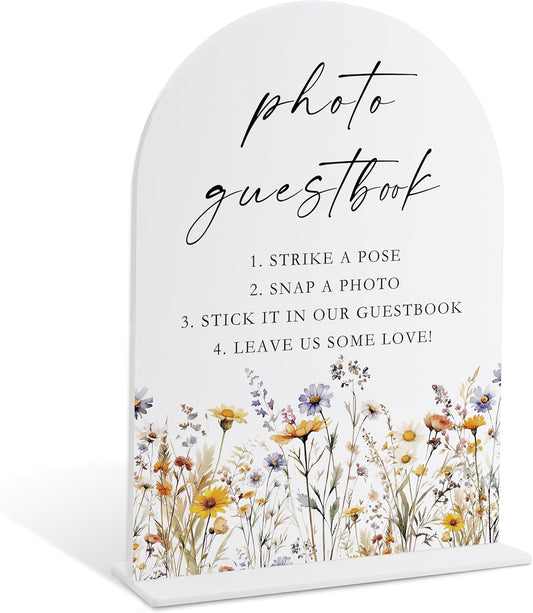 Wedding Signs for Ceremony and Reception, Boho Floral Acrylic Photo Guestbook Sign, Wedding Signage with Stand, Bridal Shower Table Centerpieces, Supplies for Engagement Reception Event Party, 28