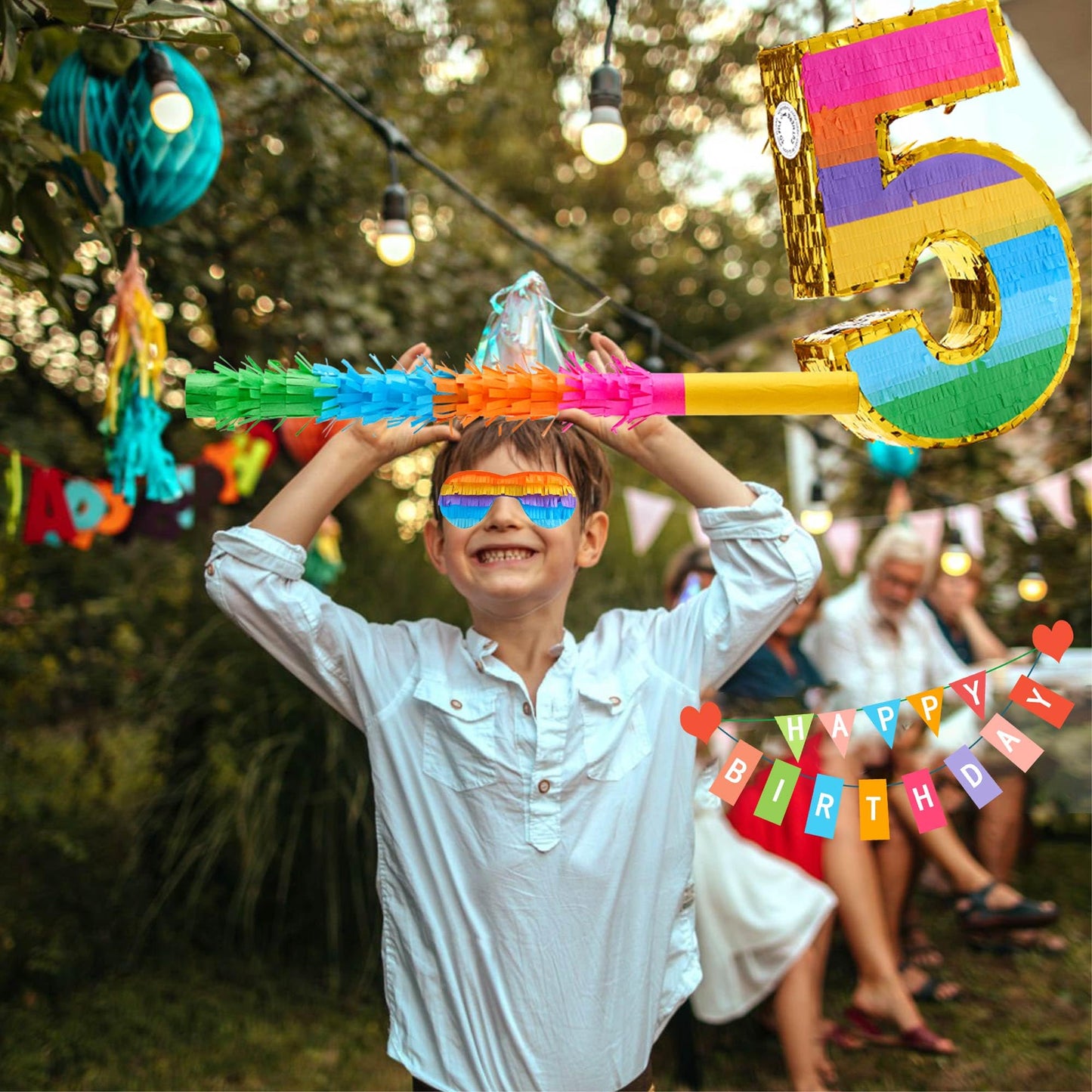 MUWOOB Rainbow Number 5 Pinata for 5th Birthday Party Decorations, Birthday Pinata with Stick
