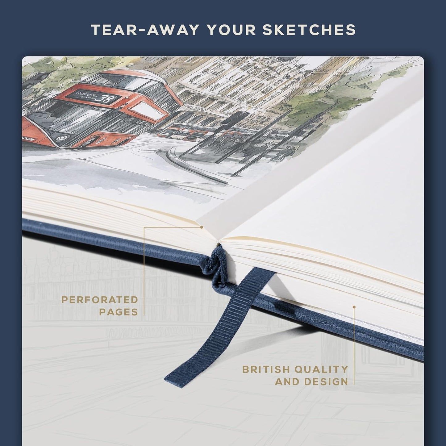Beechmore Books A4 Sketchbook ??8.5x11 Premium Vegan Leather Bound Large Sketch Book Hardcover with 156 Thick 160gsm Perforated Ivory Pages, Blank Sketch Pad, Gift Boxed, Back Pocket, Ribbon Bookmark