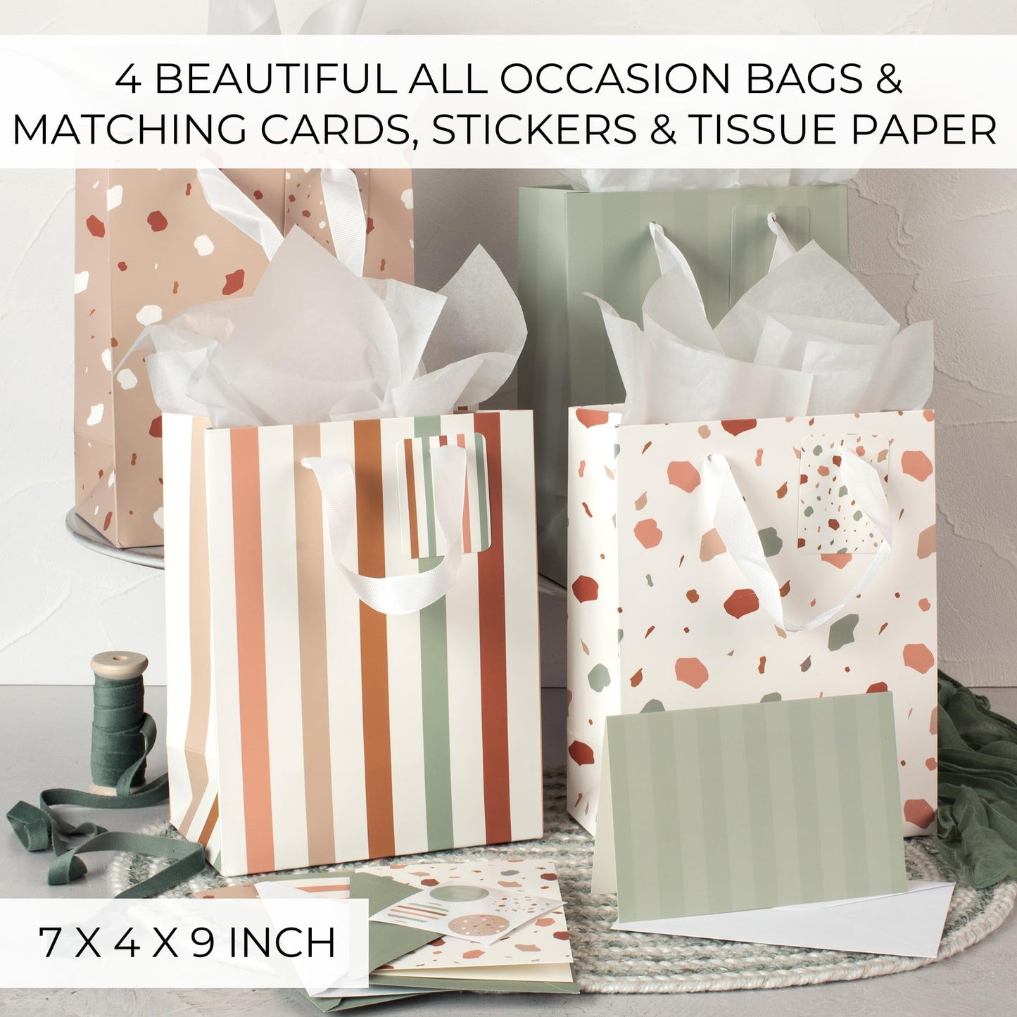 Beautiful Gift Bags Set of 4 with Handles, Tissue Paper, Stickers & Cards