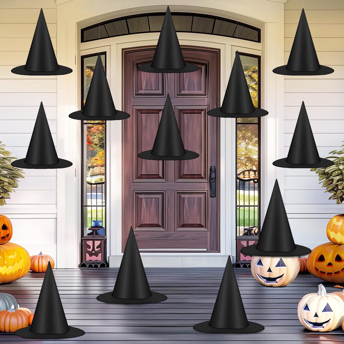 12 PCS Halloween Witch Hats, Black Hanging Witch Hats Porch Yard Decor