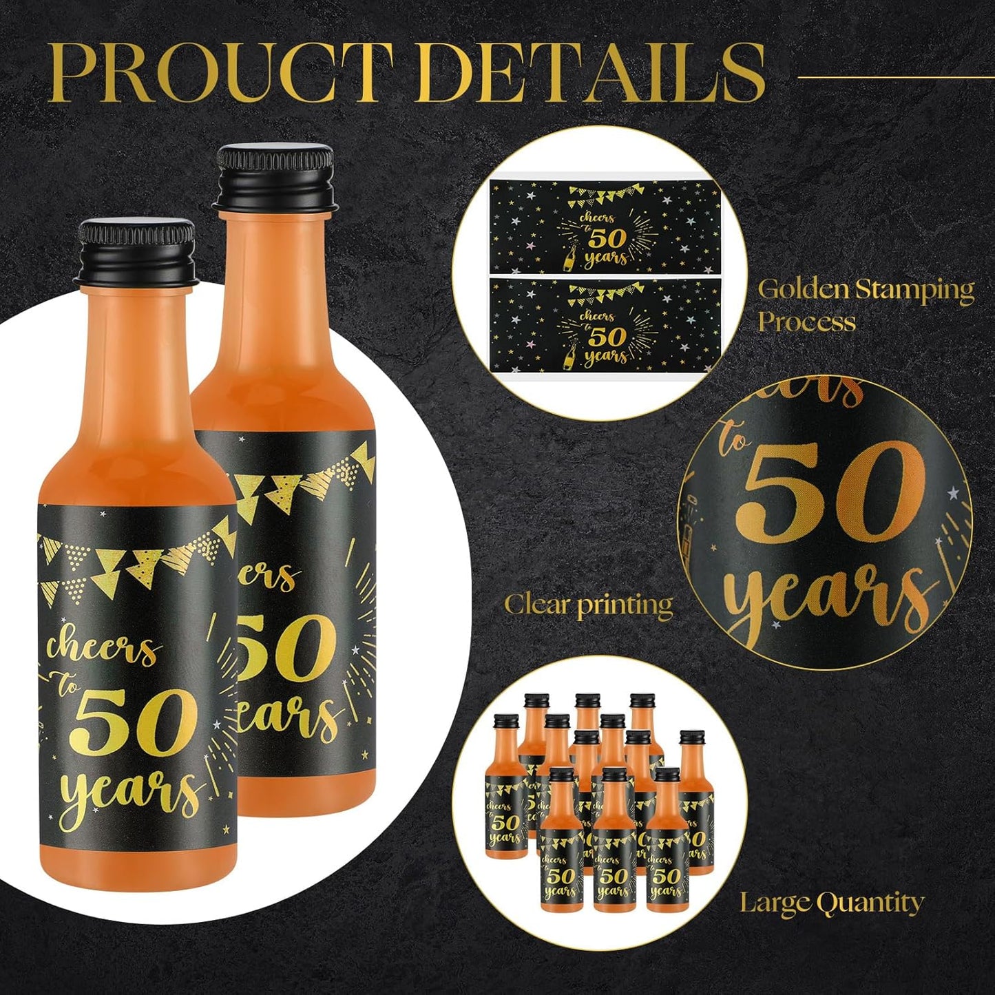 Vesici 50 Pack Mini Liquor Bottles 1.7oz Shot Mini Wine and Champagne Bottle Birthday Sticker with 2 Funnels Birthday Party Favor for Adult Guest Women Men Anniversary Celebration(Cheers to 50 Years)