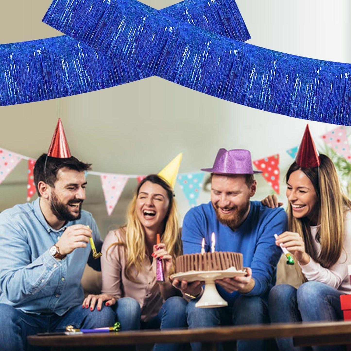 BEISHIDA 3 Packs Metallic Foil Fringe Garland Laser Blue Wall Hanging Tinsel Fringe Banners for Car Floats Bridal Shower Wedding Birthday Easter Graduation Holiday Party Decoration(30 Feet)