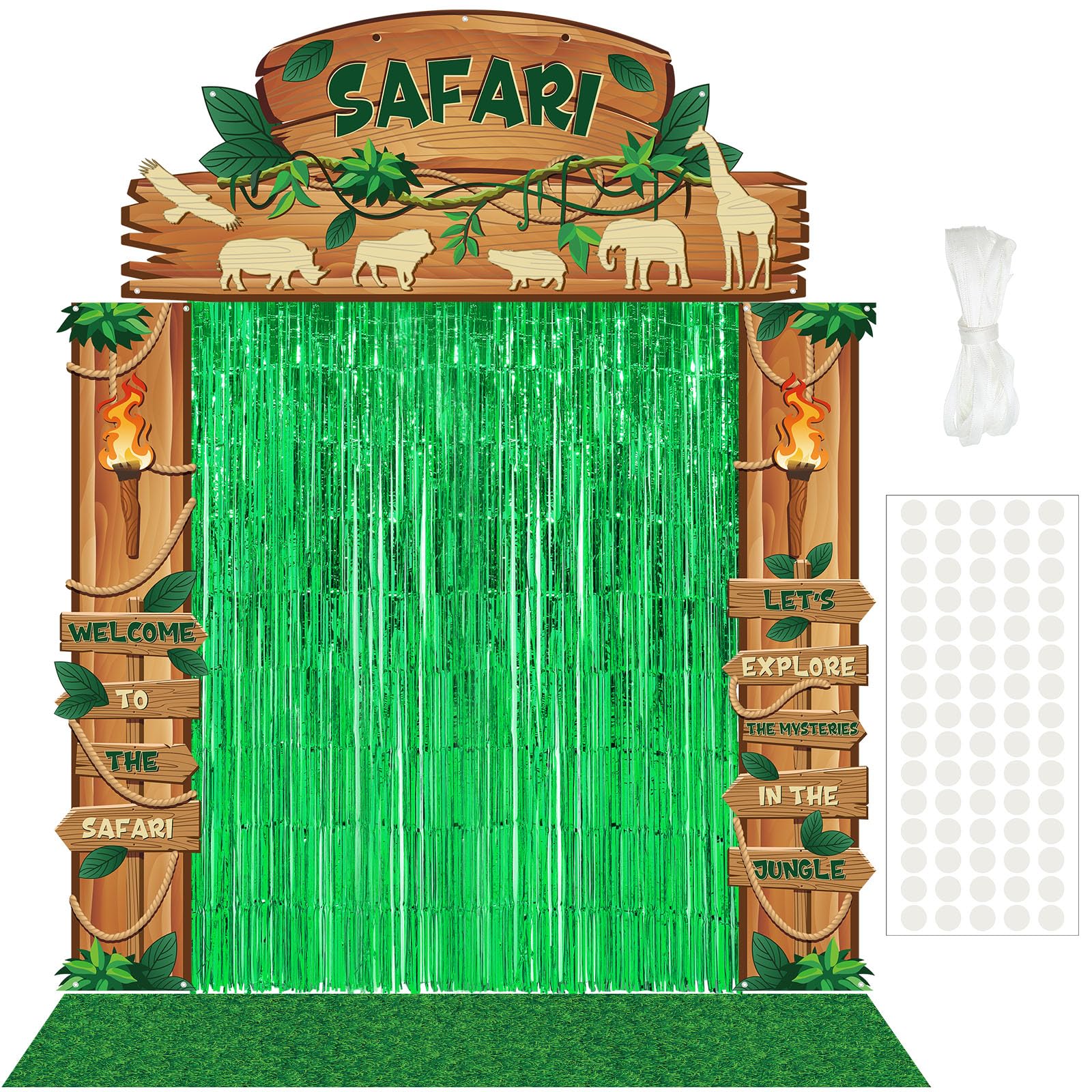 VitalCozy 7 Pcs VBS 2026 Safari Jungle Door Banner Foil Fringe Curtain Rug