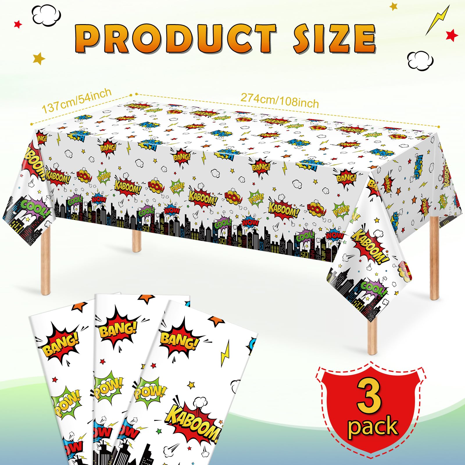 3Pcs Hero Themed Birthday Party Tablecloths Decorations,White Cityscape Super Bang Plastic Table