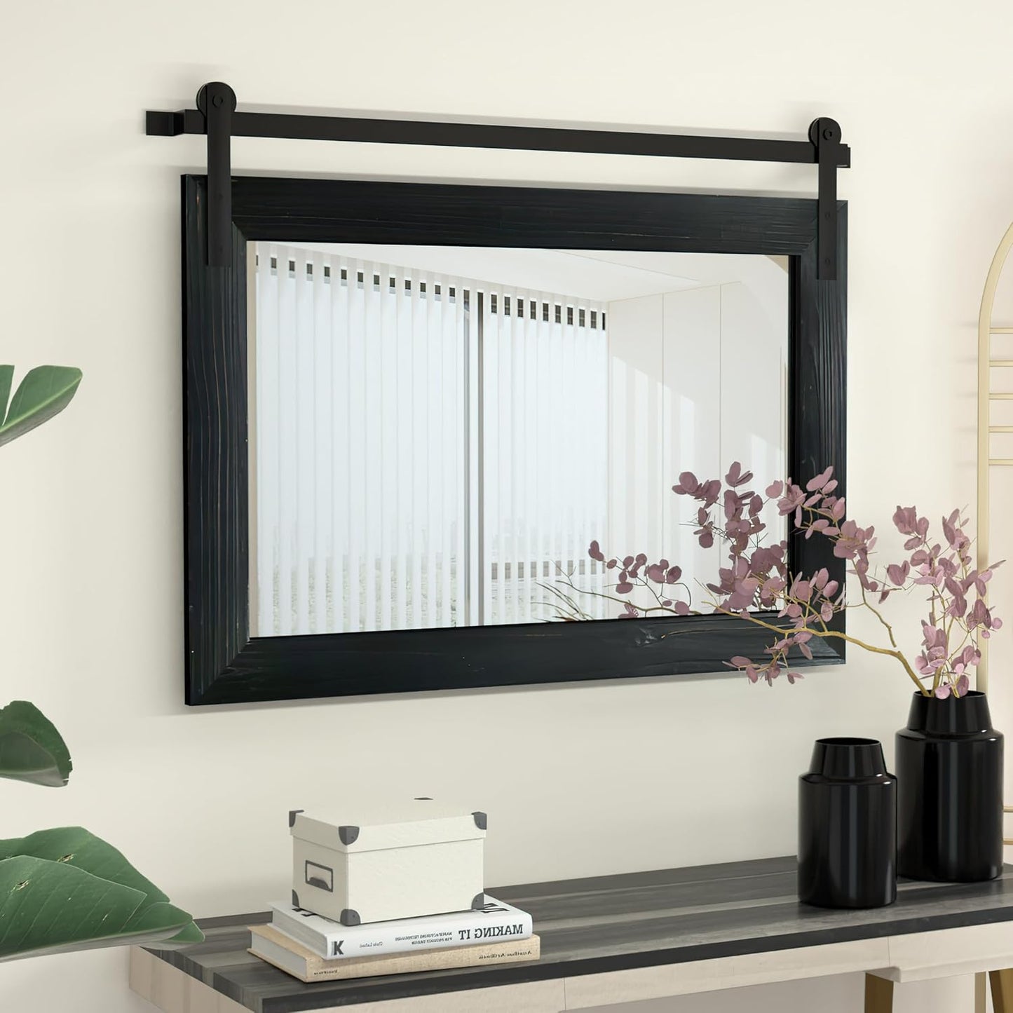 COGOOD Farmhouse Bathroom Mirror - 41" x 30" Rustic Barn Door Mirror for Living Room, Entryway, Bedroom, Vanity Wall Decor (Black)