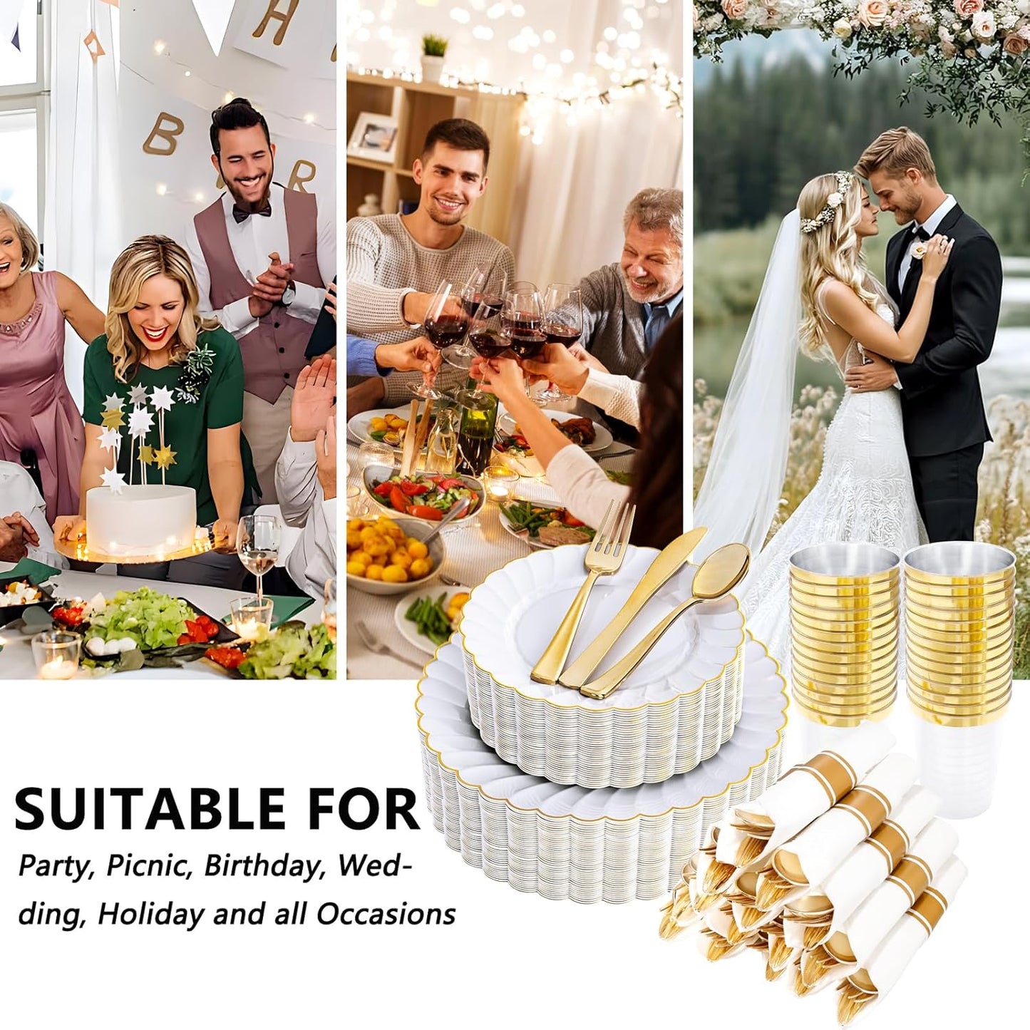 YOUBET 350PCS Gold Scalloped Plastic Plates - White and Gold Disposable Dinnerware Set Include 100 Plates, 150 Gold Silverware, 50 Cups, 50 Napkins for Wedding & Party & Thanksgiving
