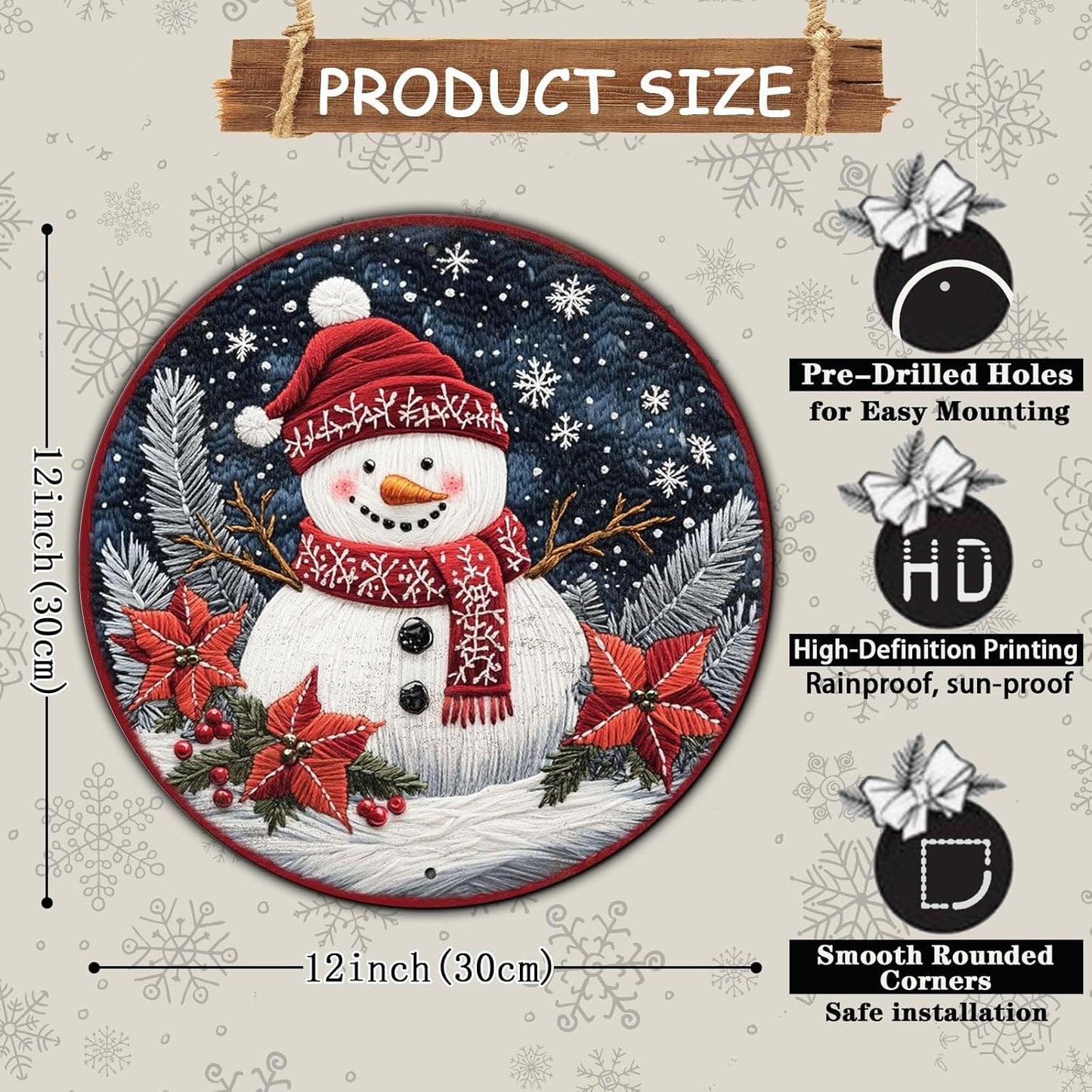 Round Christmas Snowman Decor Metal Tin Sign for Door Hanging Sign for Home Bars Clubs Cafes 12 * 12 in