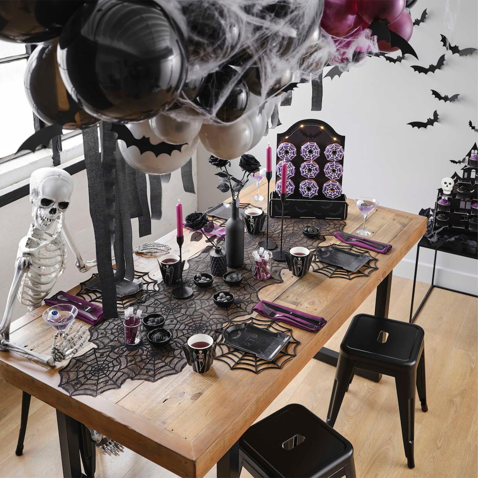 Halloween Table Runner, Black Lace Spider Web Table Runners for Halloween Decor/Party Dinner Table