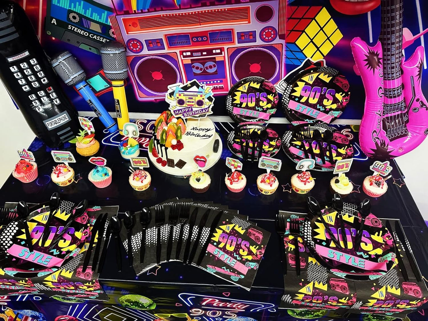90s Party Decorations 80's 90's Theme Party Bundle includes Inflatable Gitar&Mobile Phone, Back To The 90's Banner, Tablecloth, Cake Toppers, Plates, Napkins, Hip-Hop Backdrop