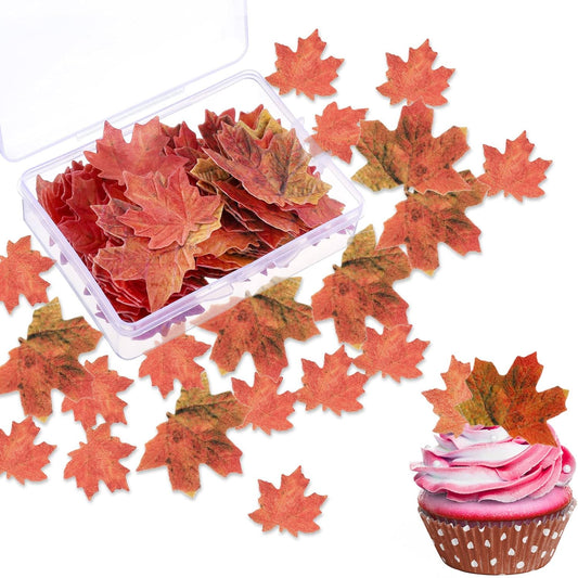 SUSSURRO 100 Pieces Edible Fall Leaves Gold Leaf Cupcake Toppers maple leaves Cake Toppers Edible gold leaf Cake Topper for Party Decoration with Plastic Box