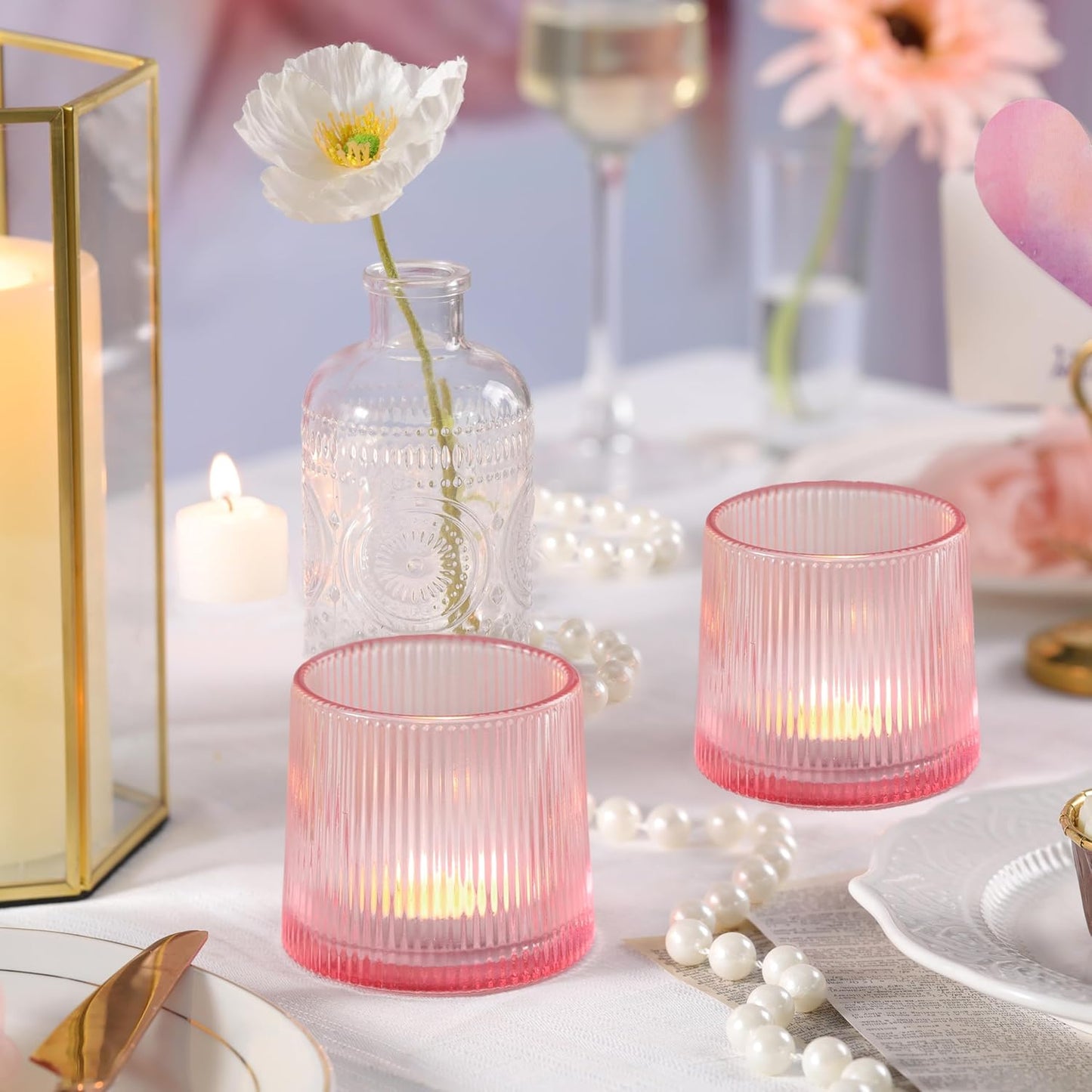 Pink Ribbed Tealight Votive Candle Holders Set of 10- Votive Candle Holders for Table Centerpiece, Tea Light Candle Holder Glass for Wedding and Home Decor, Blue Decor and Gifts