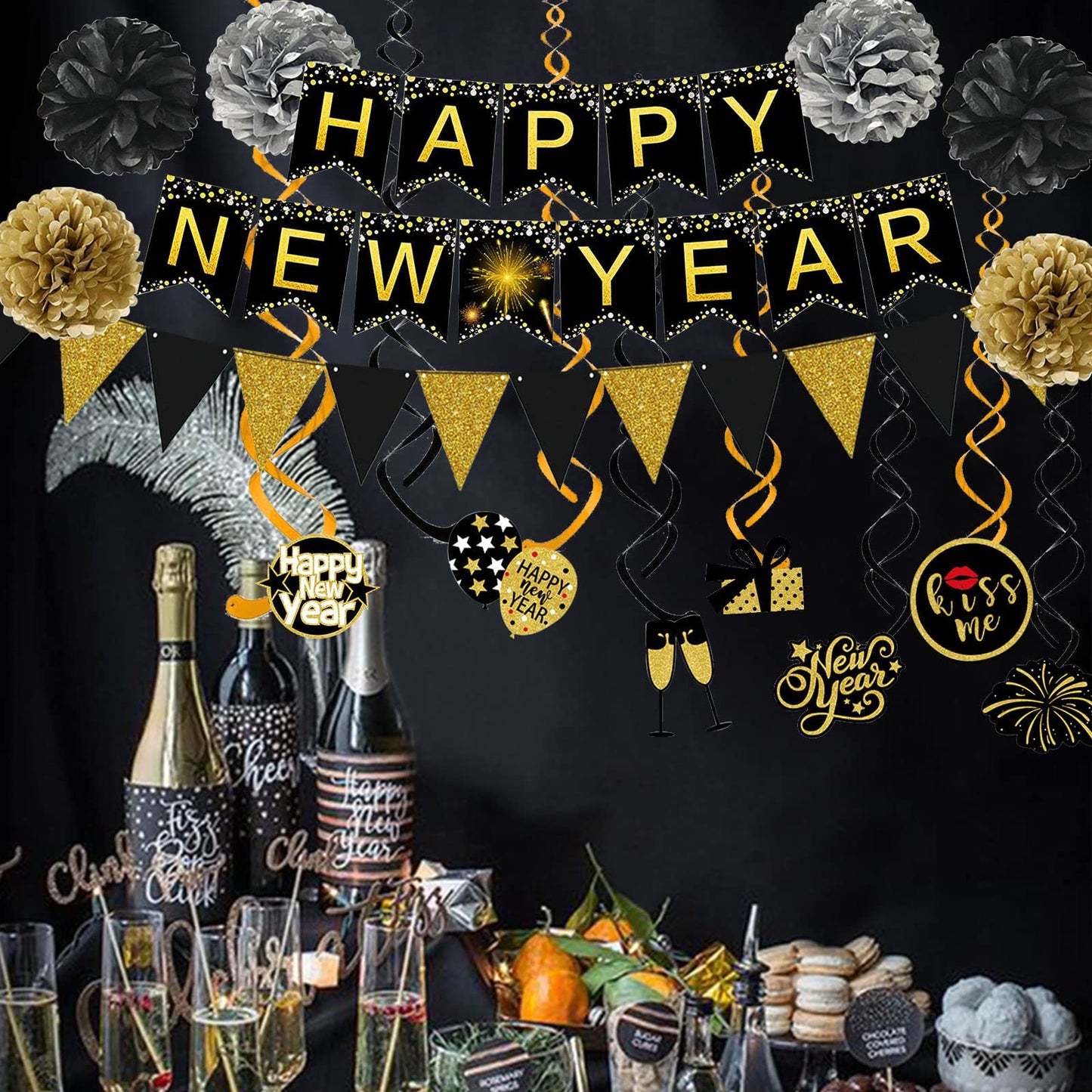 Famoby Happy New Year Banner Pom poms Triangle flag Swirls Garland Hanging Bunting for Happy New