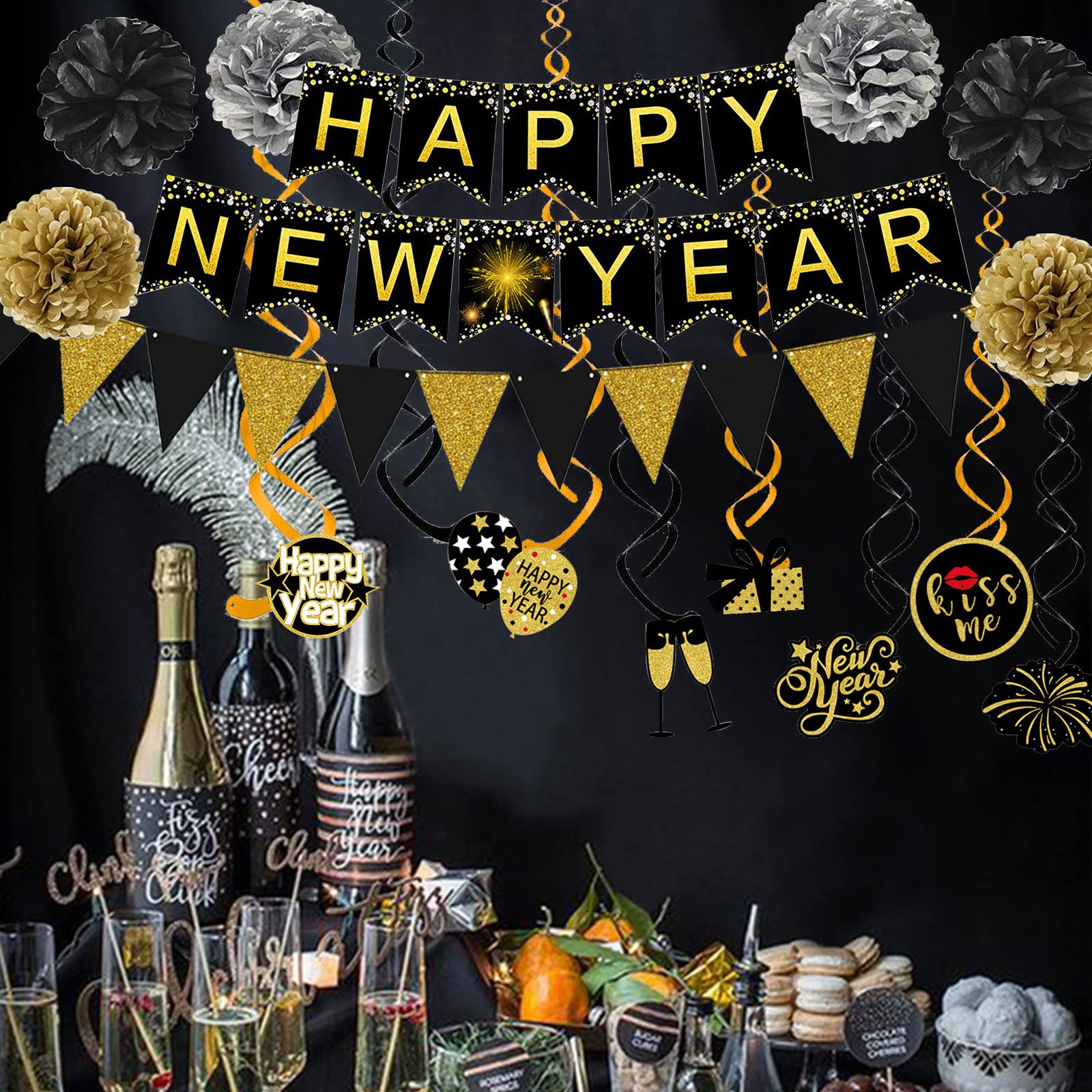 Famoby Happy New Year Banner Pom poms Triangle flag Swirls Garland Hanging Bunting for Happy New
