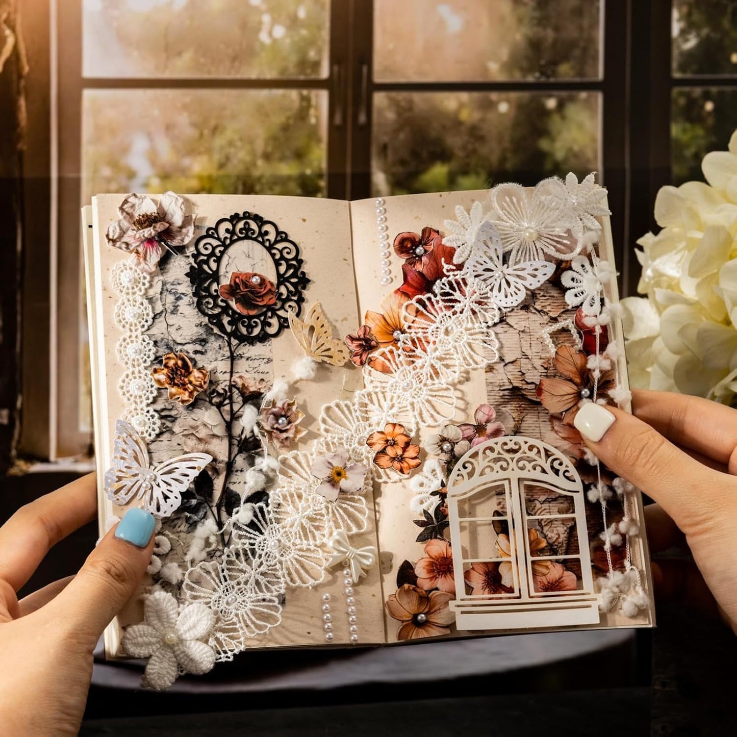 Vintage Floral Washi Tape Set ??6 Rolls, 2M Non-Repeating Flower Collage Designs, Decorative Craft Tape for Scrapbooking, Journals, Planners with Accessory Clip Included