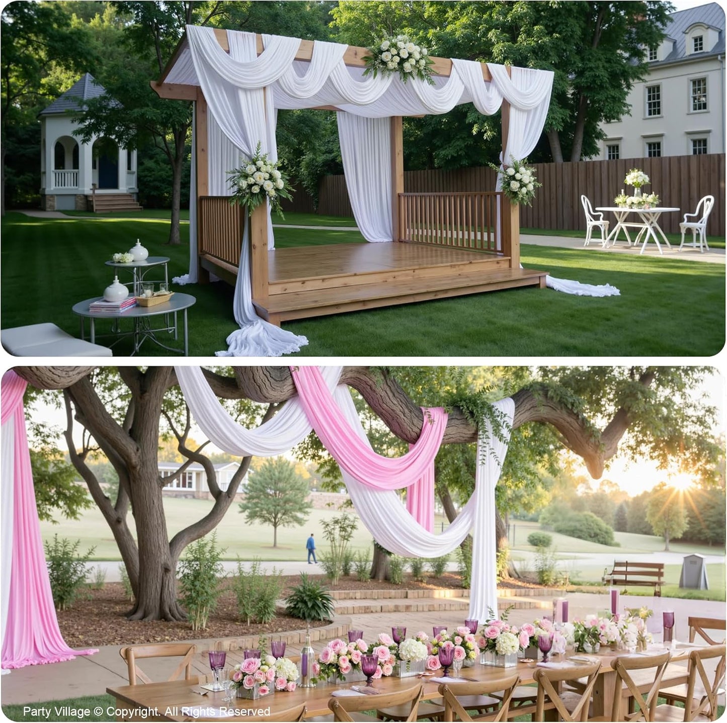 PartyVillage 10ftx40ft White Ceiling Curtain for Wedding Parties – 2 Panels Wrinkle-Free 40 FT Long Tent Draping Curtains for Wedding, Birthday & Theme Parties, 40ft Height with Rod Pocket