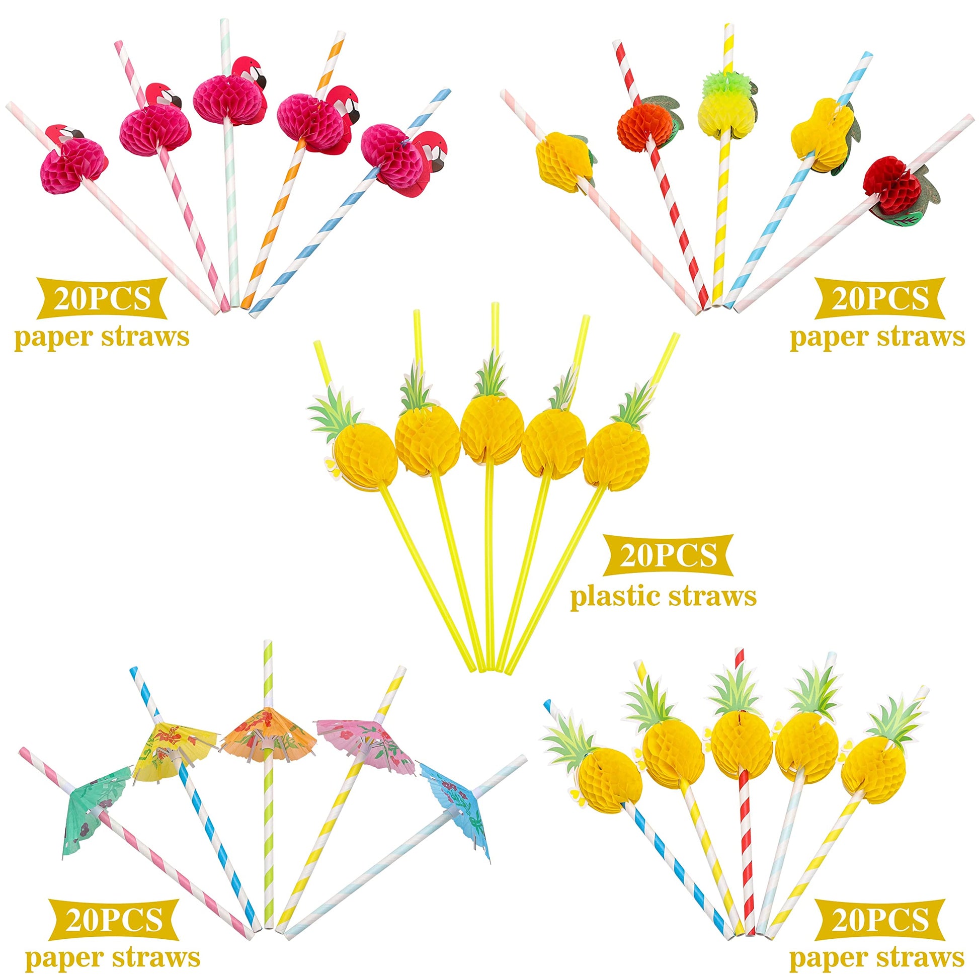 100PCS Flamingo Fruit Straws,Disposable Plastic Drinking Straws,Tropical Hawaiian Beach Summer Pool